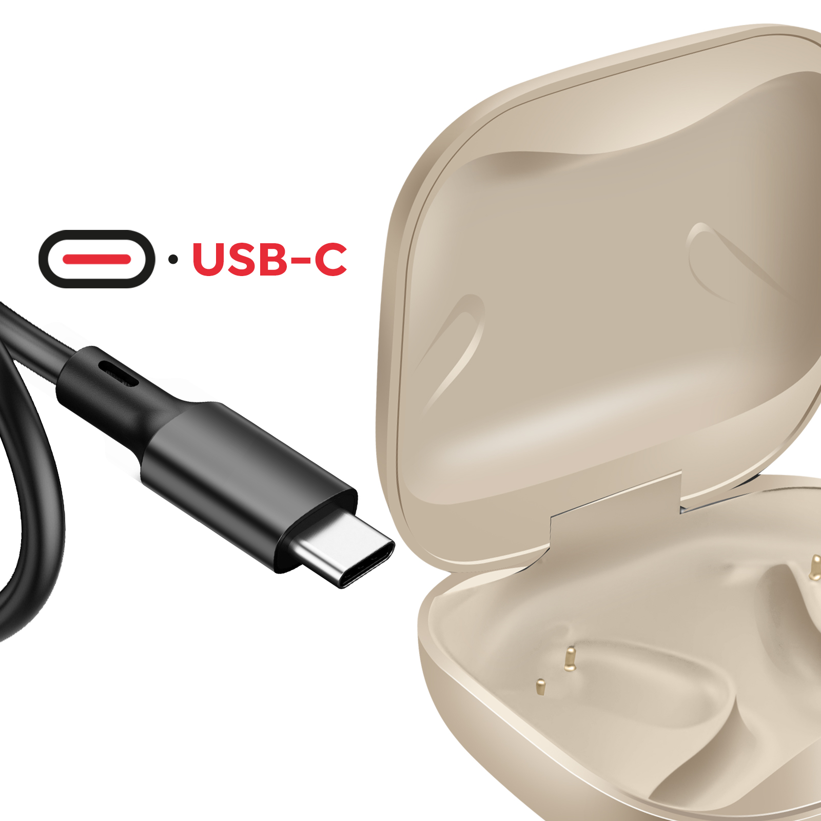 L'immagine mostra un cavo USB-C e una custodia per auricolari aperta. Il cavo è nero e la custodia beige.