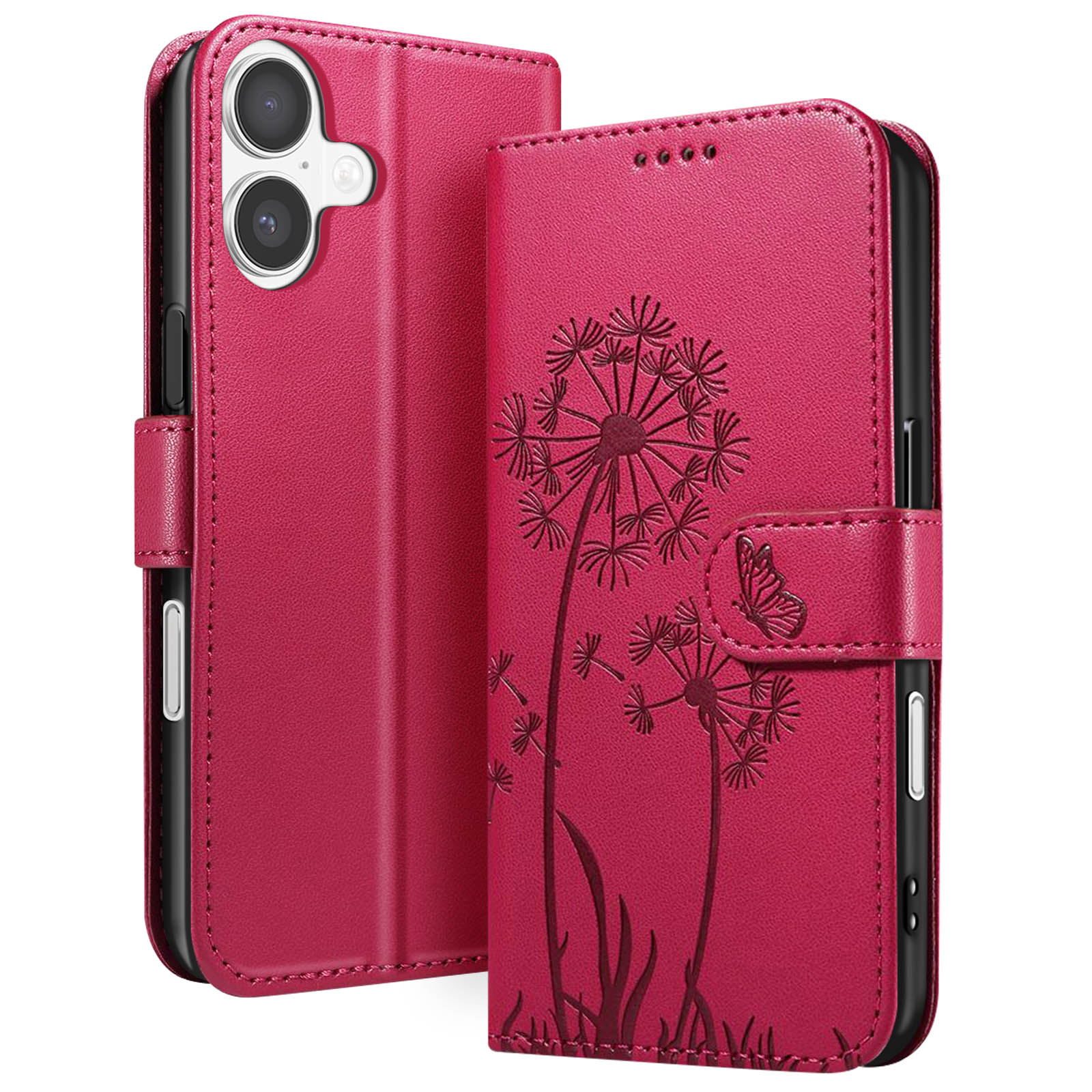 Una custodia rossa per telefono con un design a dente di leone e una farfalla. È aperta, rivelando la fotocamera e lo schermo del telefono.