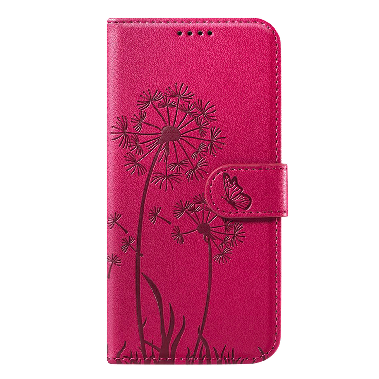 Custodia per telefono rosa con design di soffioni e chiusura a farfalla. Superficie strutturata e bordi cuciti.
