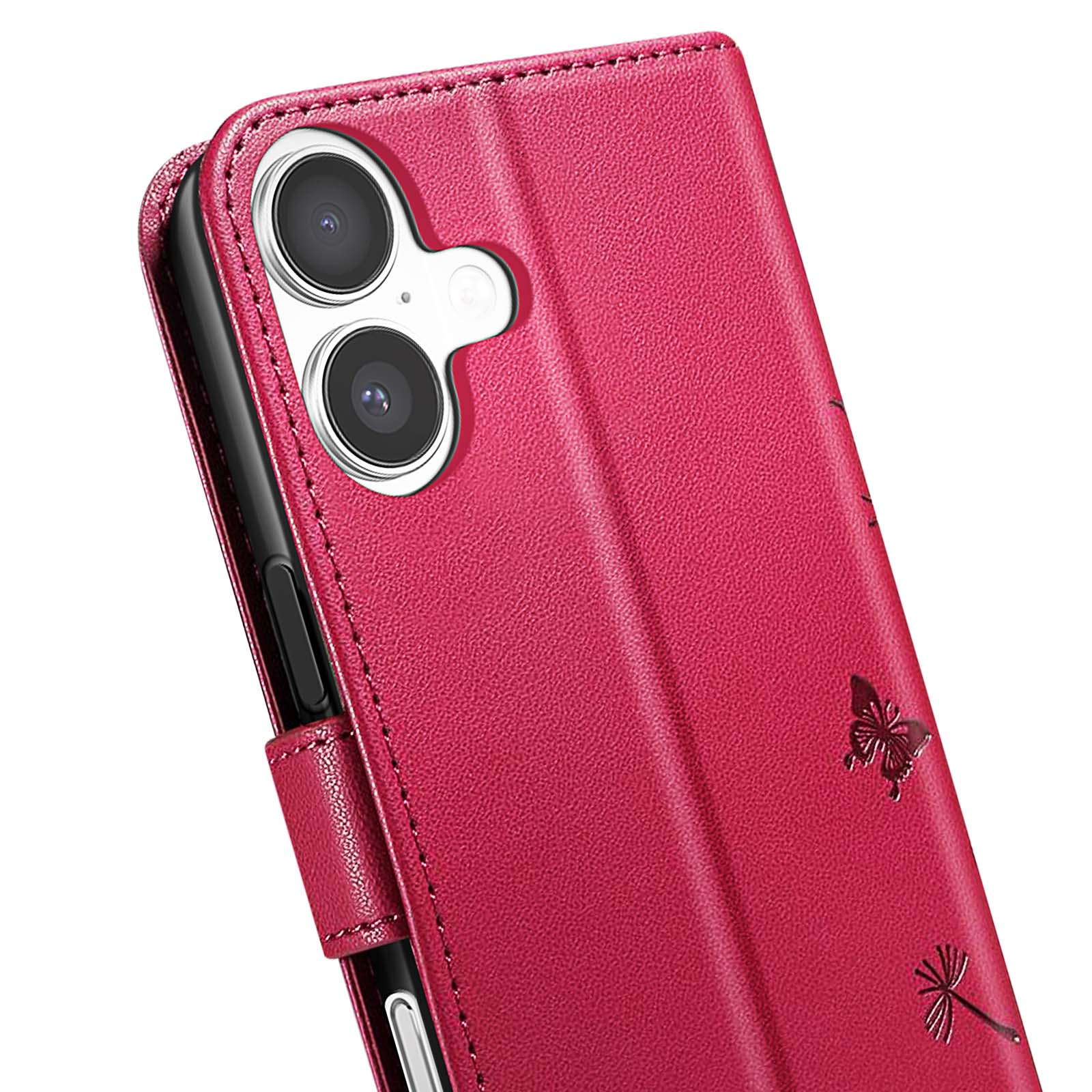 Una custodia rossa per telefono con due obiettivi. Design farfalla e pianta. Stile libro. Texture pelle.