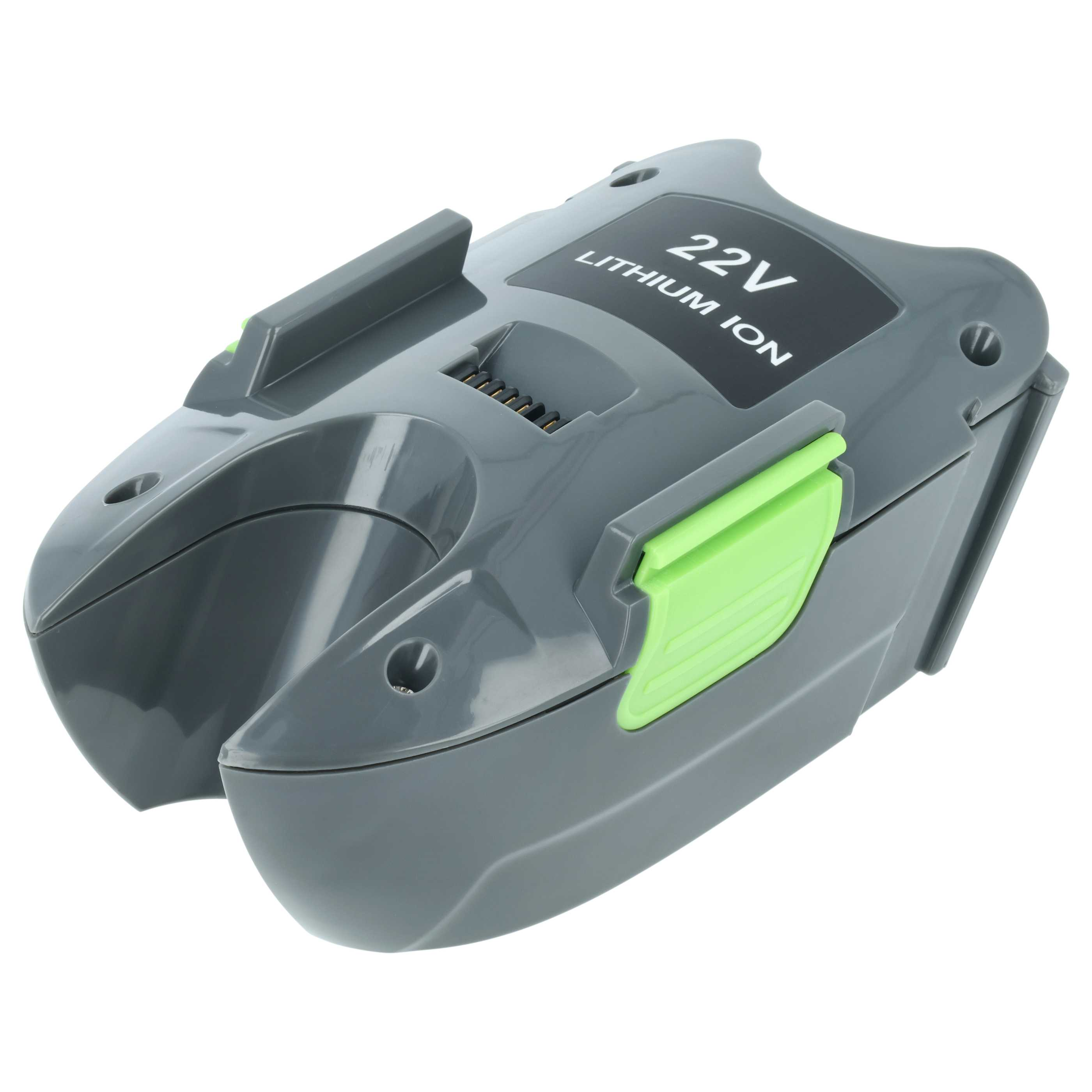 Ein grauer 22V Lithium-Ionen-Akku mit grünen Akzenten. Der Akku hat ein schwarzes Etikett und einen Anschluss.