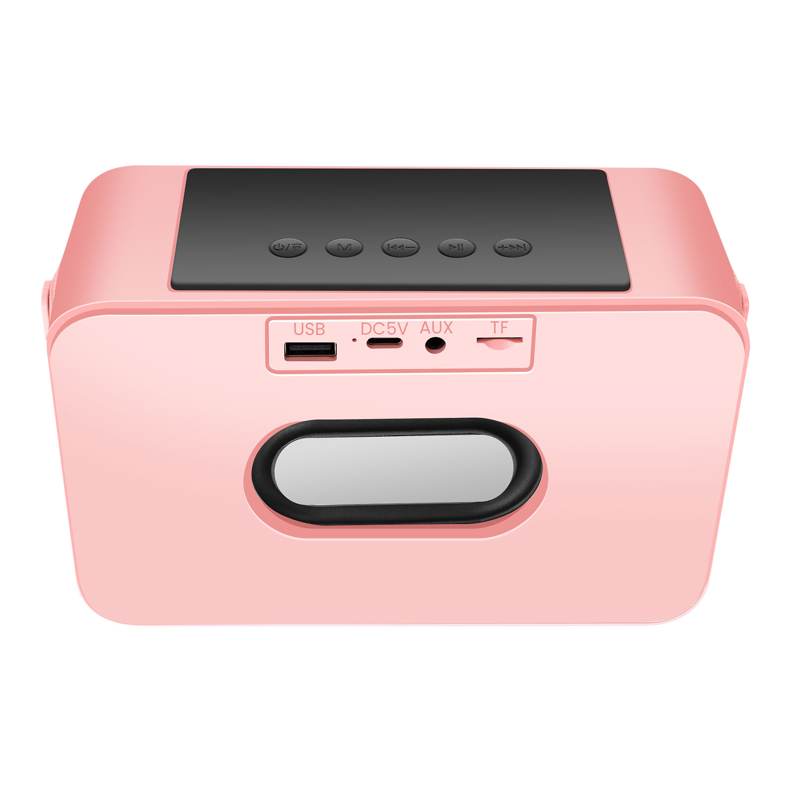 Ein rosa Lautsprecher mit schwarzer Oberseite, USB-, DC5V-, AUX-, TF-Anschlüssen und Steuertasten. Ovale Lautsprecheröffnung unten.