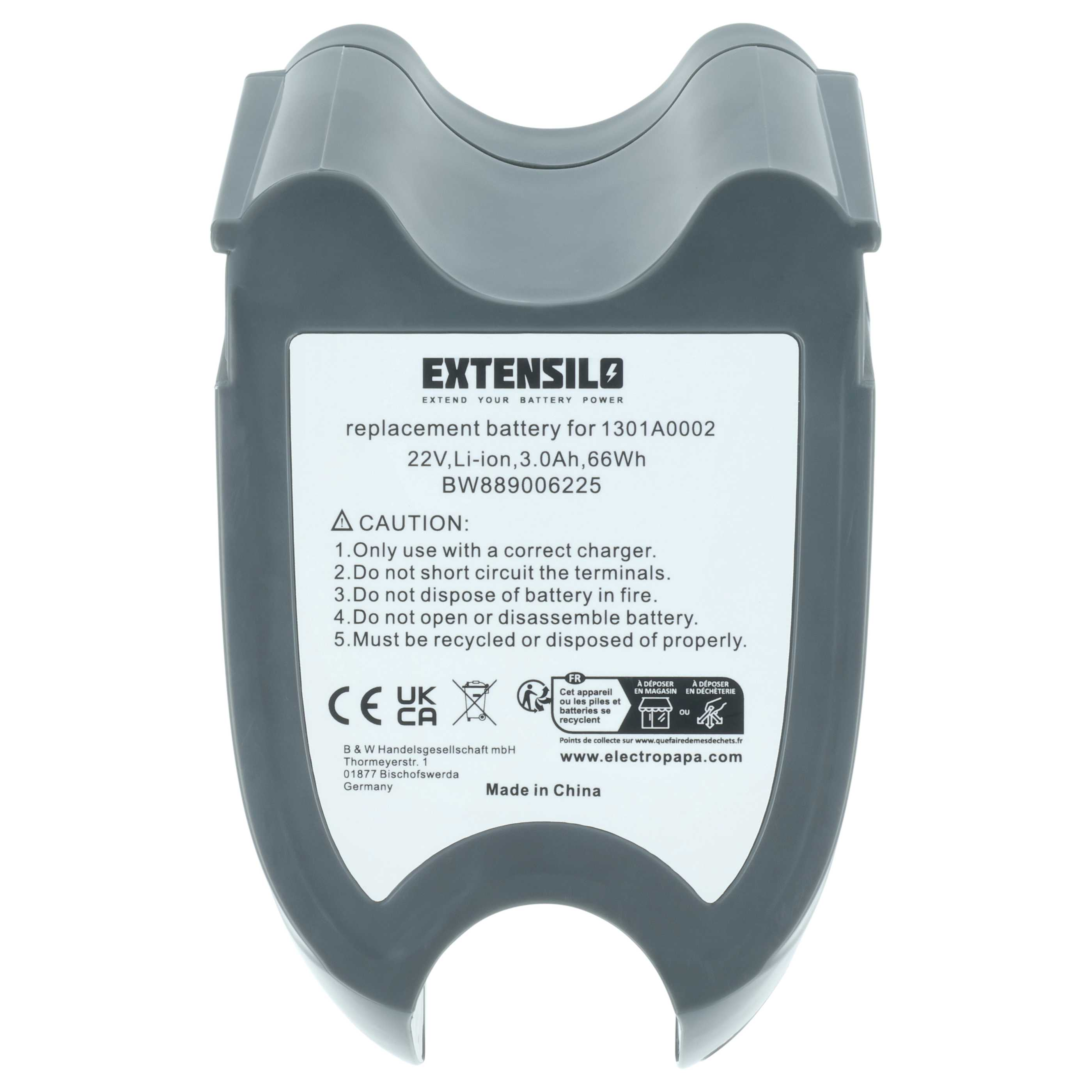 Graue Ersatzbatterie mit weißem Etikett. Mit Extensilo-Logo, Text und Sicherheitshinweisen.