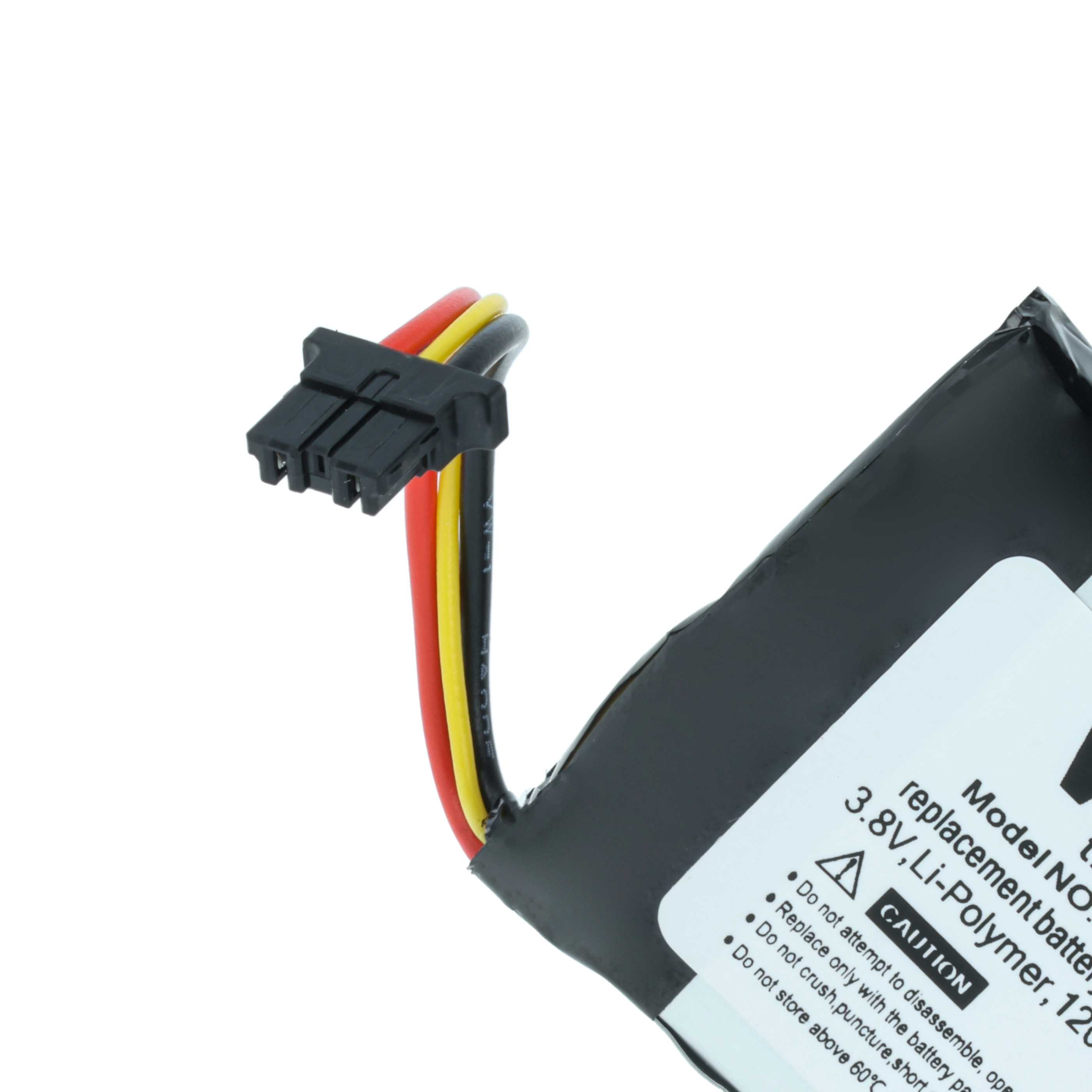 Eine Batterie mit schwarzem Stecker und roten, gelben und schwarzen Drähten ist sichtbar. Ein Teil des Etiketts der Batterie ist zu sehen.