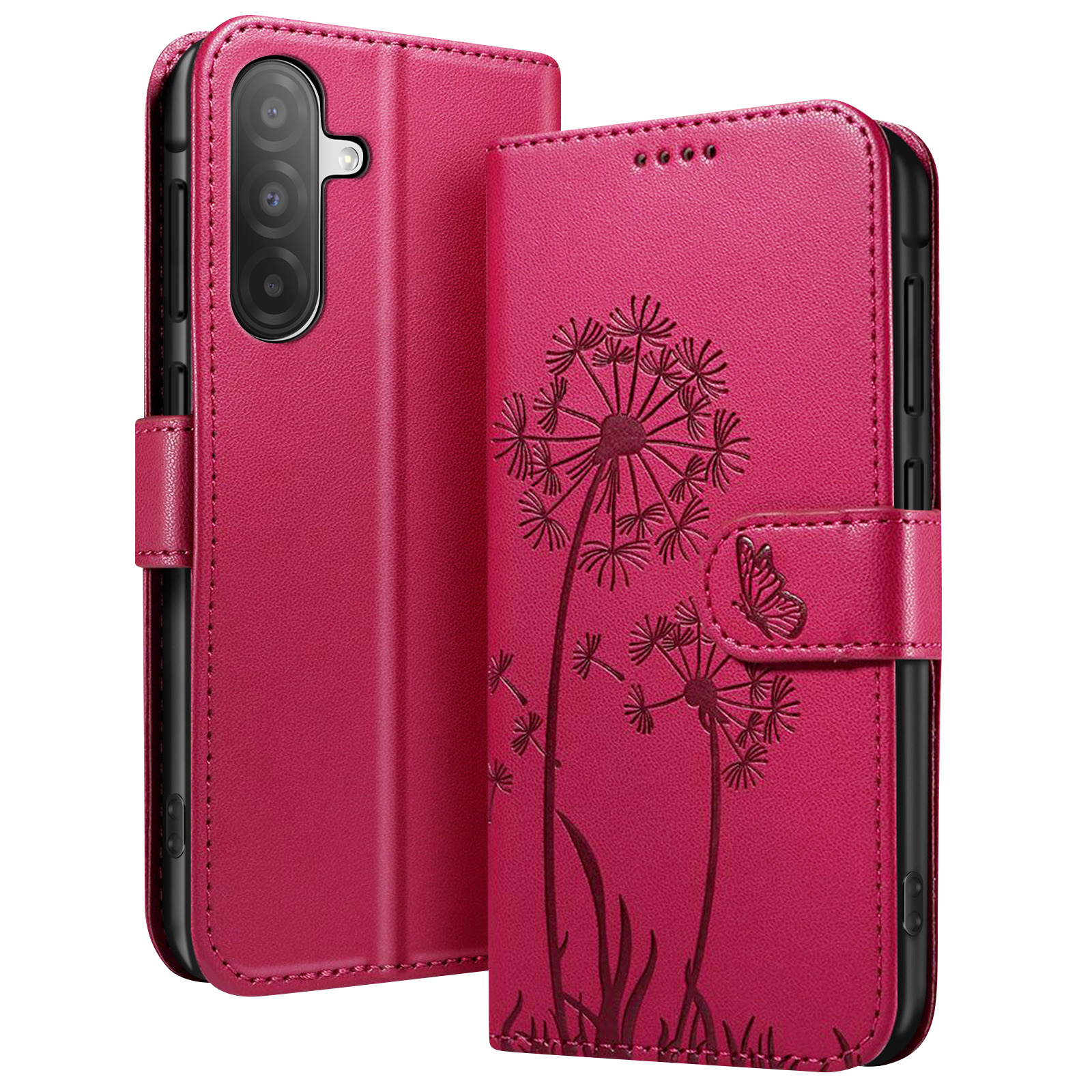 Una custodia magenta per telefono con design di dente di leone e farfalla. Ha una patta con chiusura magnetica.