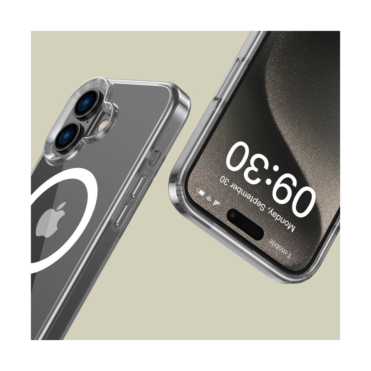 Zwei iPhones in transparenten Hüllen. Eines zeigt das Apple-Logo, das andere die Uhrzeit 09:30 an. Beide Hüllen haben Kameraausschnitte.