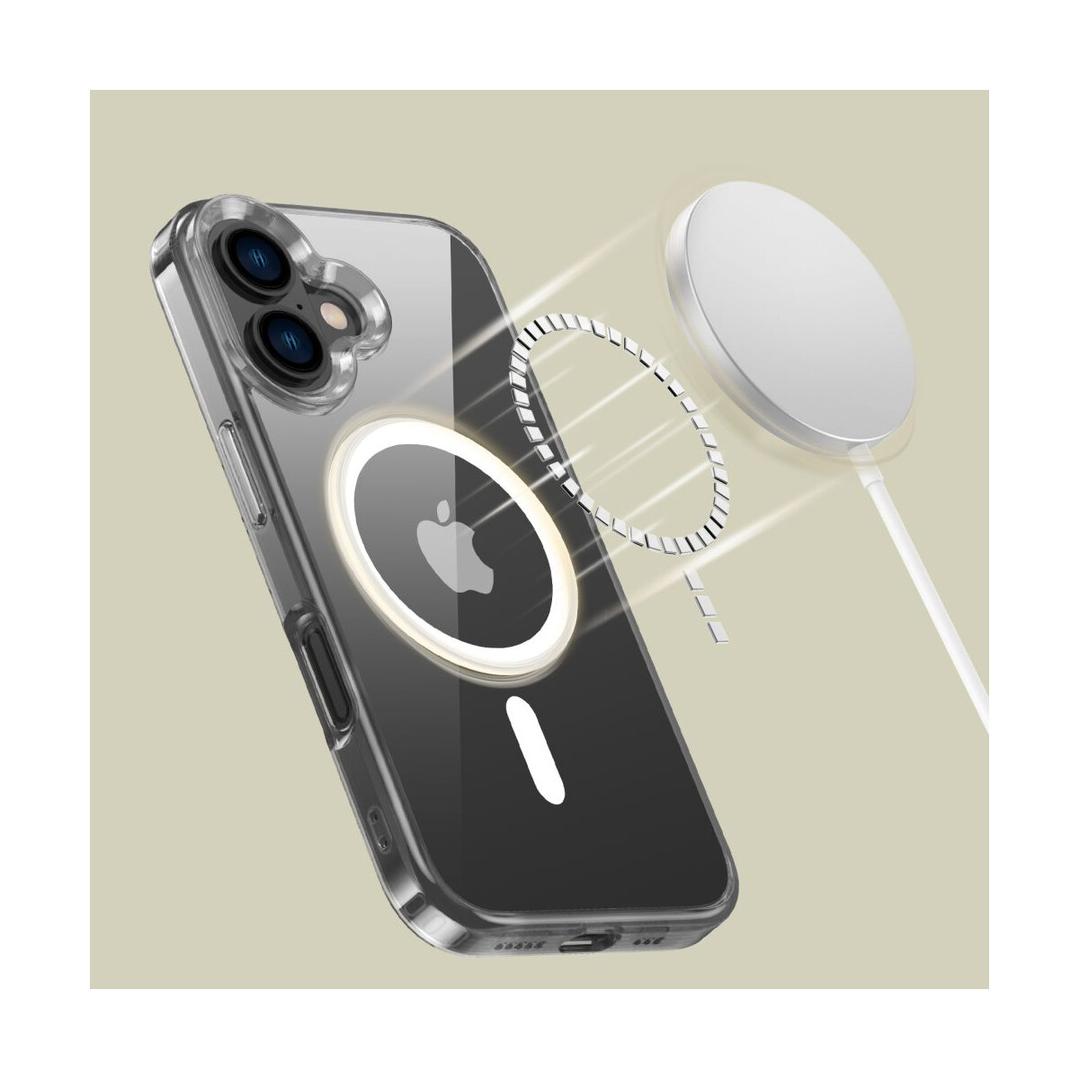 Eine transparente Handyhülle mit Apple-Logo, ein kabelloses Ladegerät und ein Magnetring auf hellem Hintergrund. Das Telefon ist teilweise sichtbar.