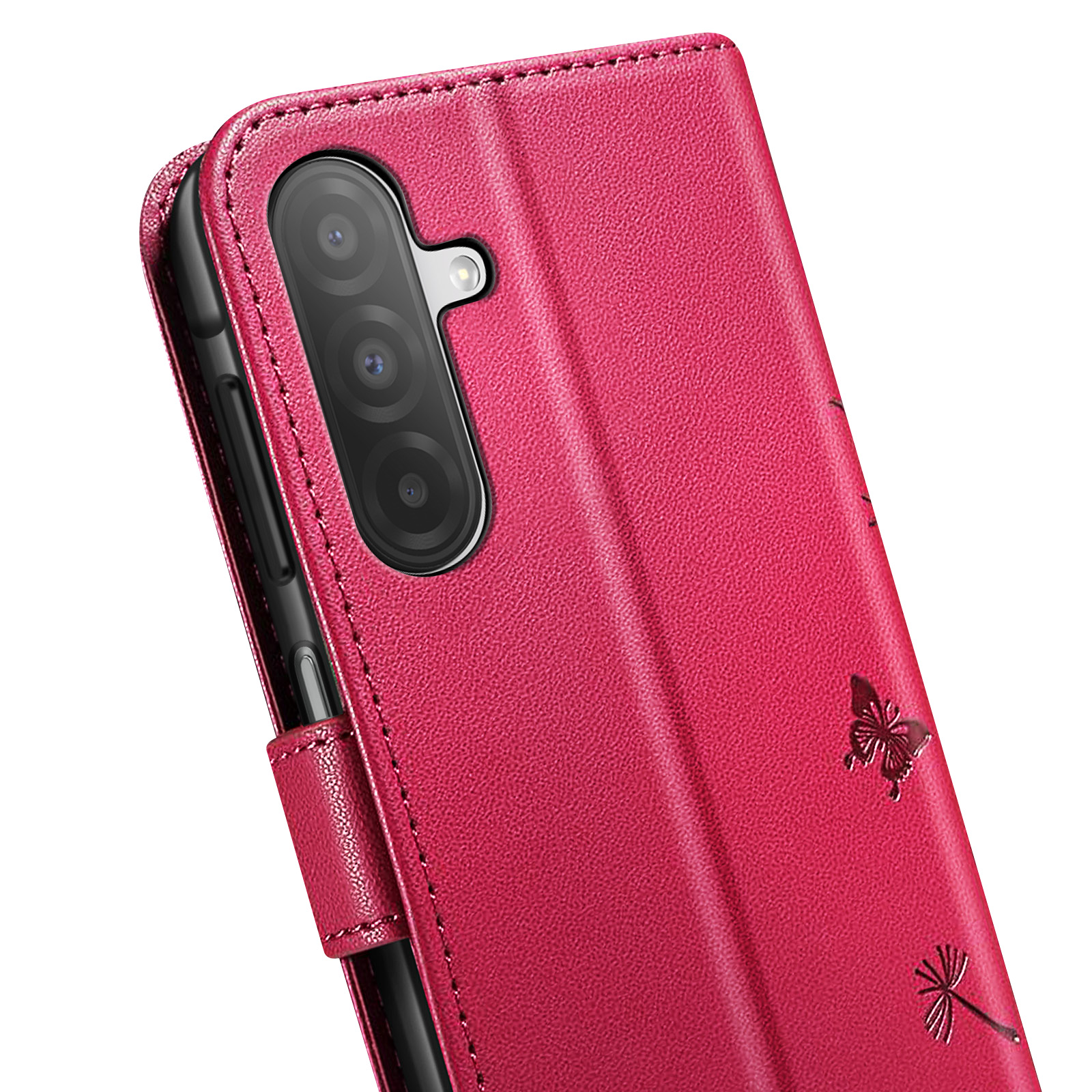Primo piano di una custodia rossa per telefono con fotocamera, farfalla e motivo a dente di leone.