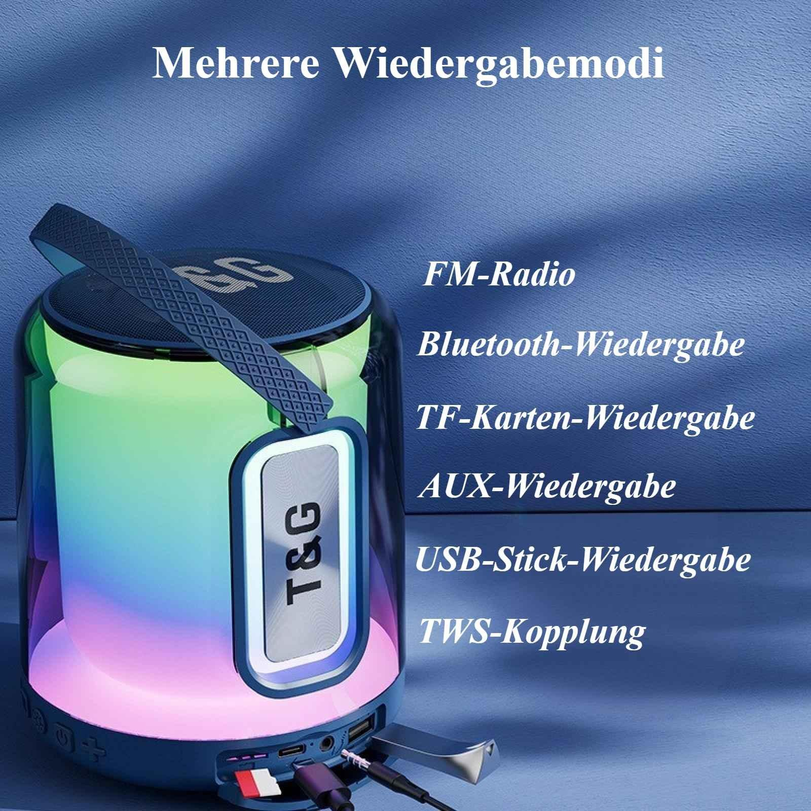 Ein farbenfroher Lautsprecher mit verschiedenen Wiedergabemodi, einschließlich FM, Bluetooth und USB. Das T&G-Logo ist sichtbar.