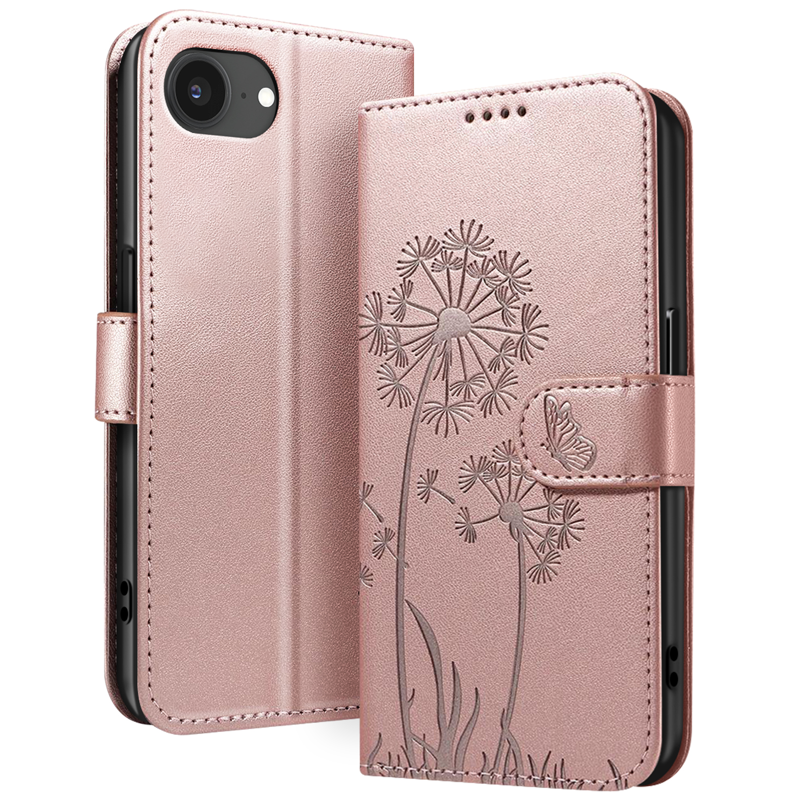 Custodia per telefono rosa con design di dente di leone, farfalla e fotocamera del telefono.