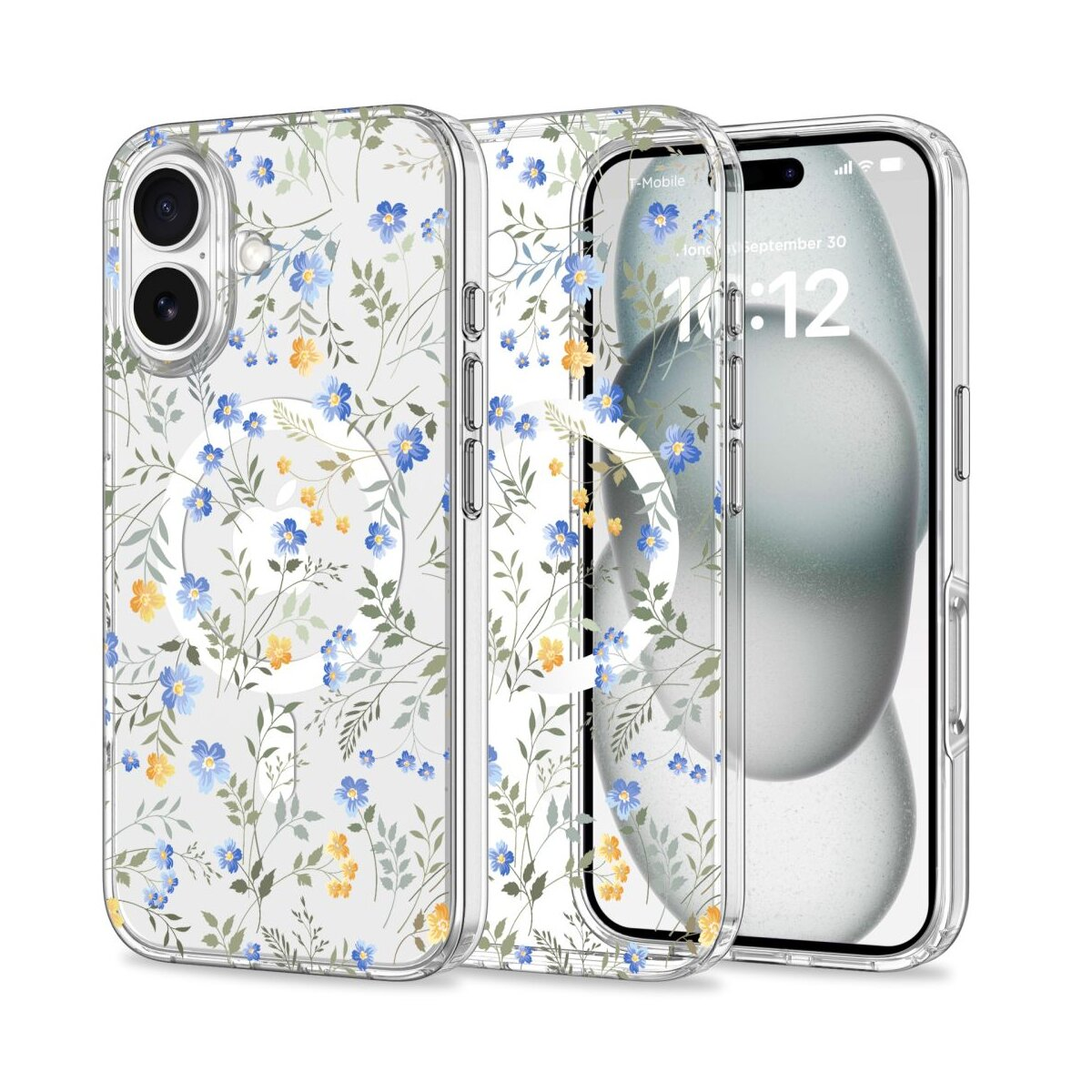 Transparente Handyhülle mit floralem Design, blauen und gelben Blumen. Ein iPhone befindet sich in der Hülle.