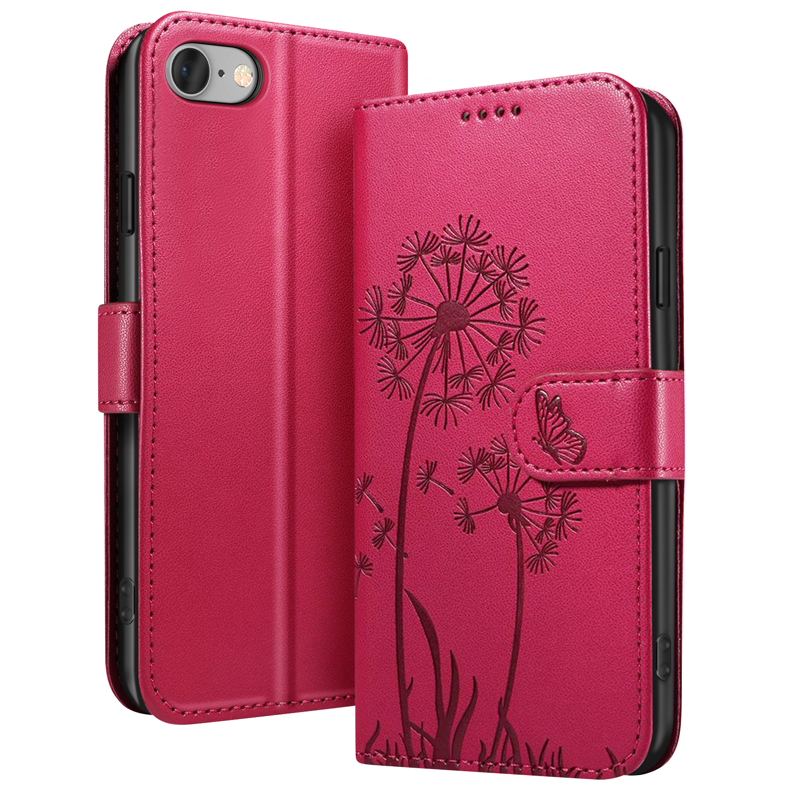 Una funda magenta para teléfono con diseños de diente de león y mariposa. Está abierta, revelando la cámara y la pantalla del teléfono.