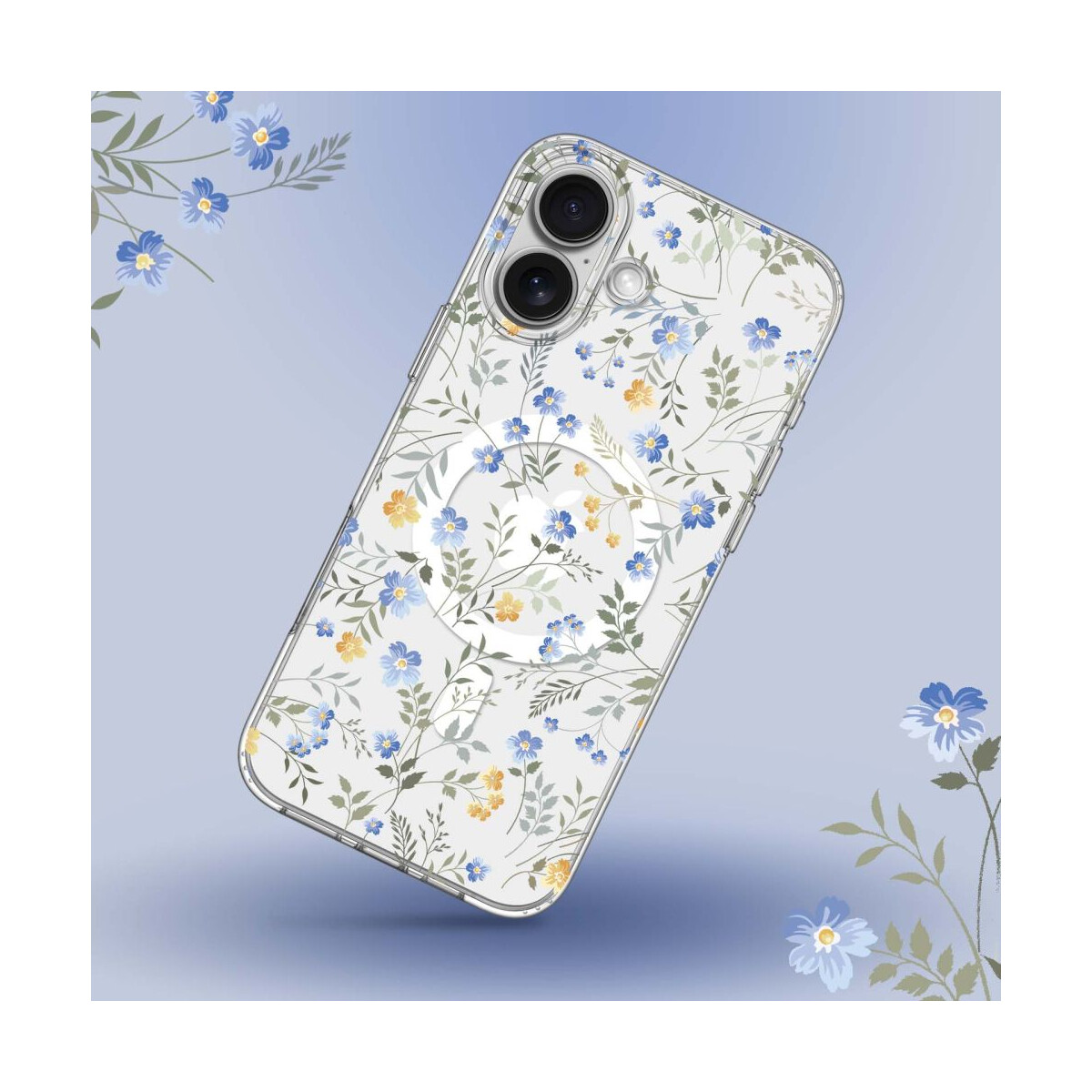 Eine transparente Handyhülle mit blauem und gelbem Blumendesign, schwebend vor blauem Farbverlauf, mit blauen Blumen in den Ecken.