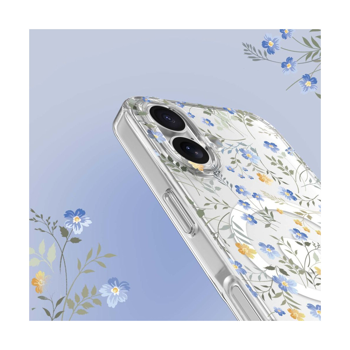 Transparente Handyhülle mit blauem und gelbem Blumenmuster. Blauer Hintergrund mit floralen Akzenten. Das Telefon hat zwei Kameralinsen.
