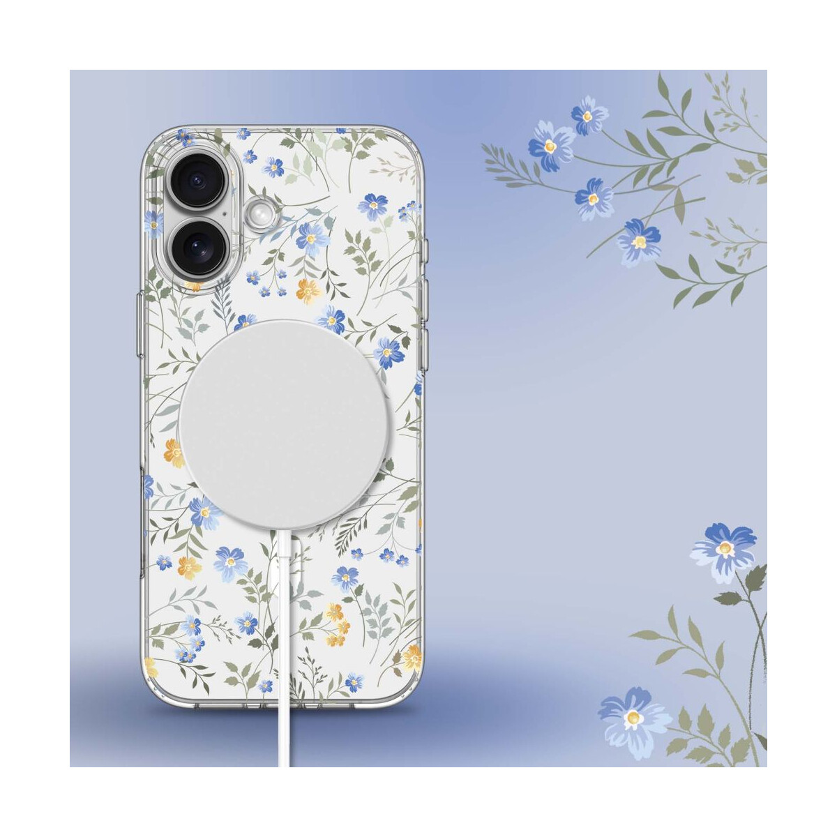 Ein Telefon in einer floralen Hülle mit einem weißen Ladegerät. Blaue und gelbe Blumen auf Weiß. Der Hintergrund ist blau mit floralen Verzierungen.