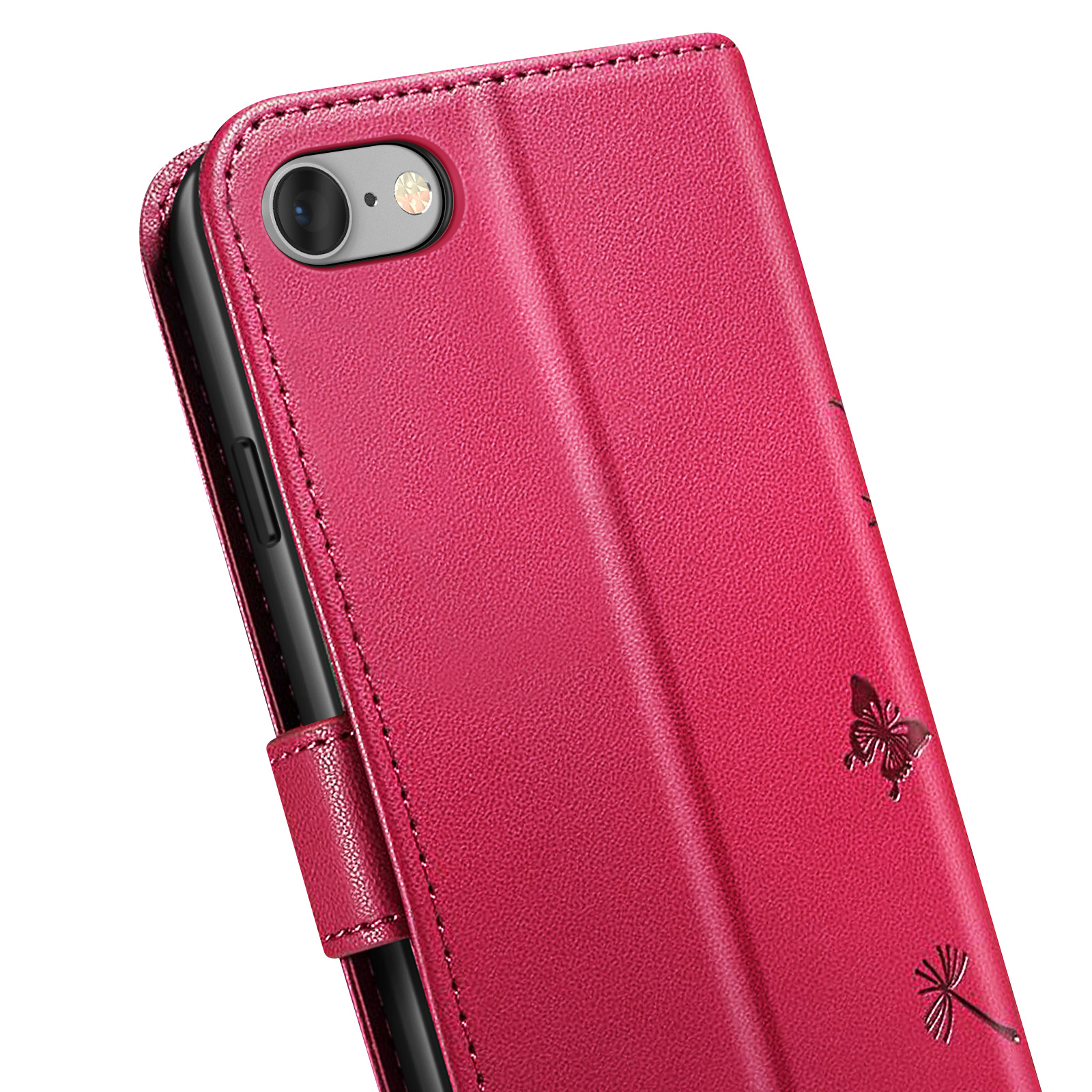 Primer plano de una funda de teléfono rosa con lente de cámara visible, diseños de mariposas y plantas. La funda está abierta.