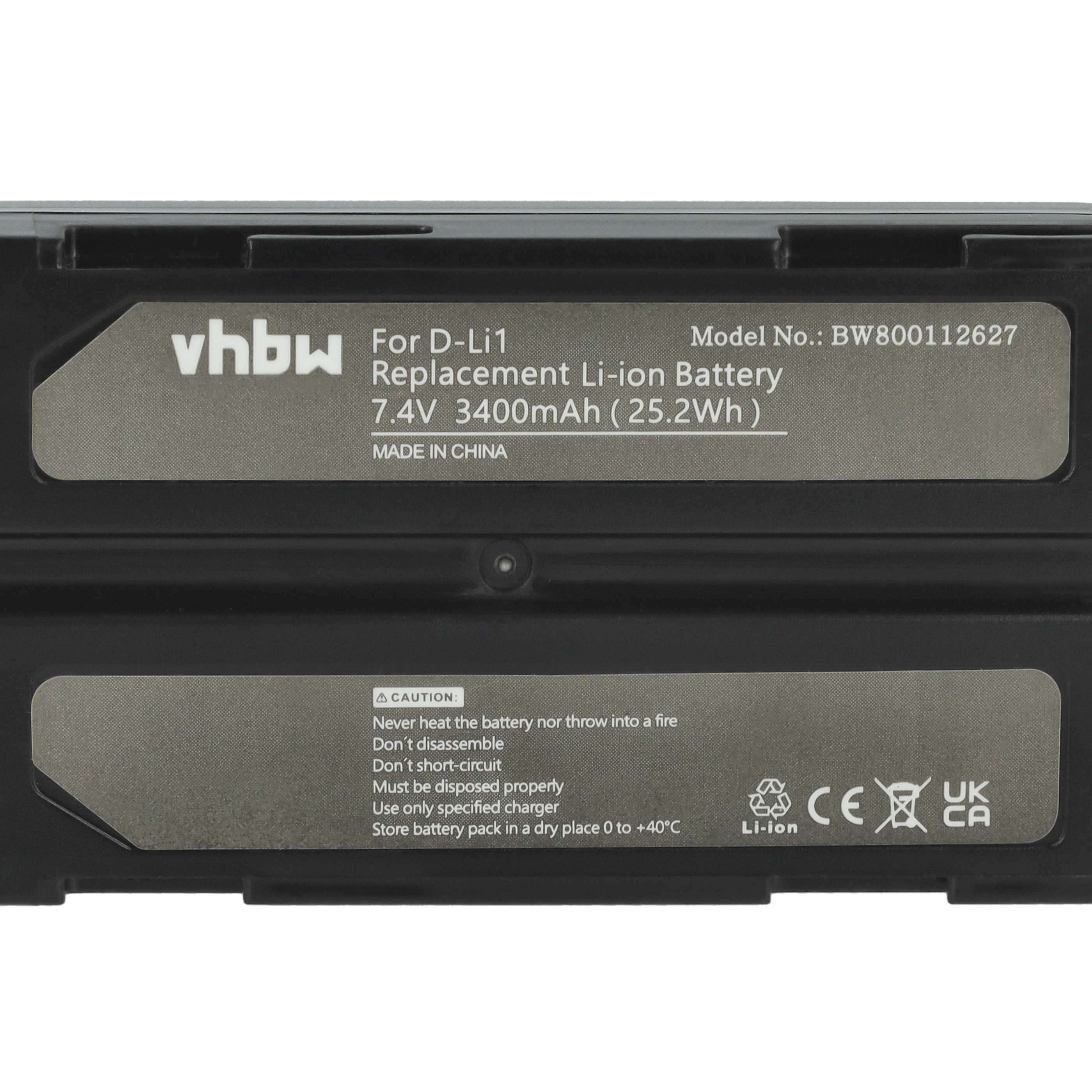 Ein schwarzes Akkupack mit Text, darunter vhbw, Modellnummer und Warnhinweise. Es gibt 7,4 V 3400 mAh an.