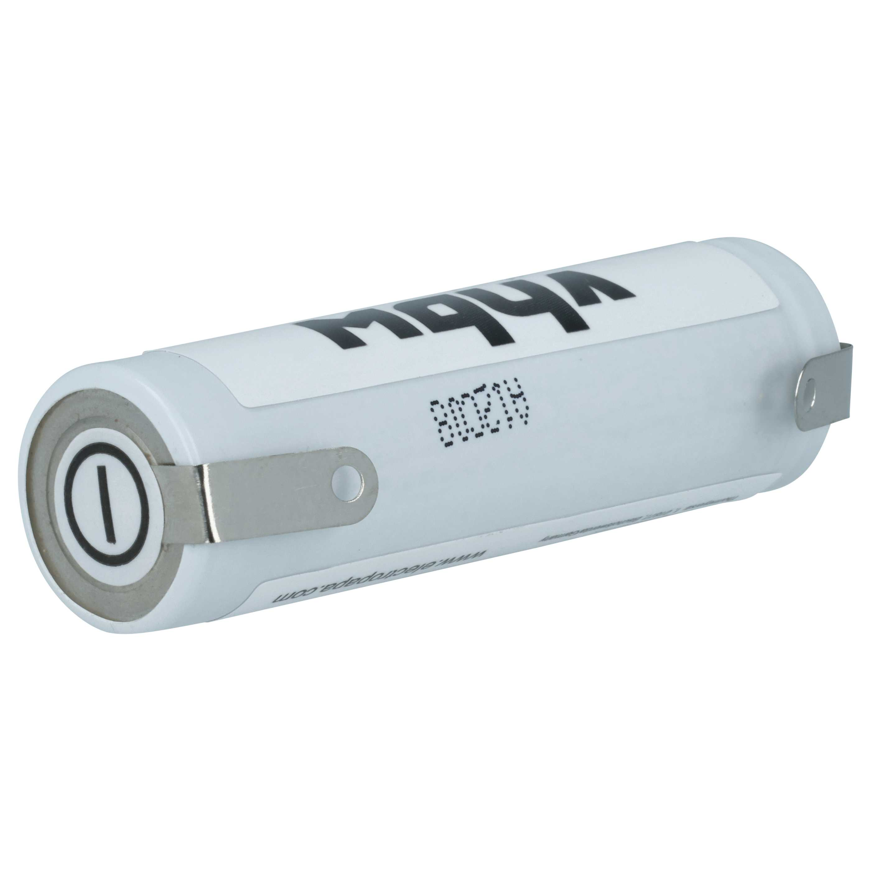Eine weiße Batterie mit schwarzem Text und einem Metallclip. Das Ende hat ein schwarzes Symbol.
