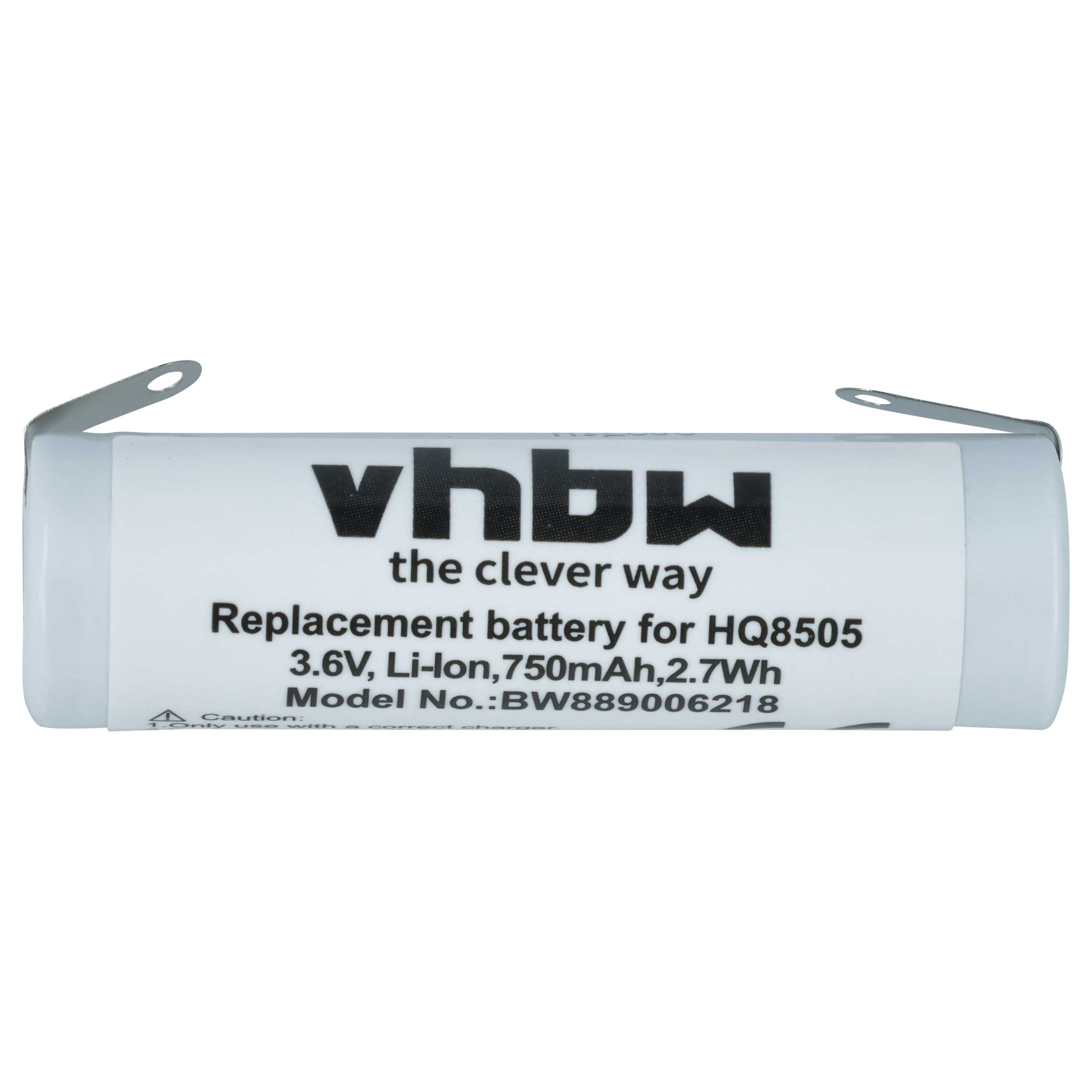 Ein weißer Akku mit schwarzem Text. Es steht vhbw, the clever way und Replacement battery. Es hat Metalllaschen.