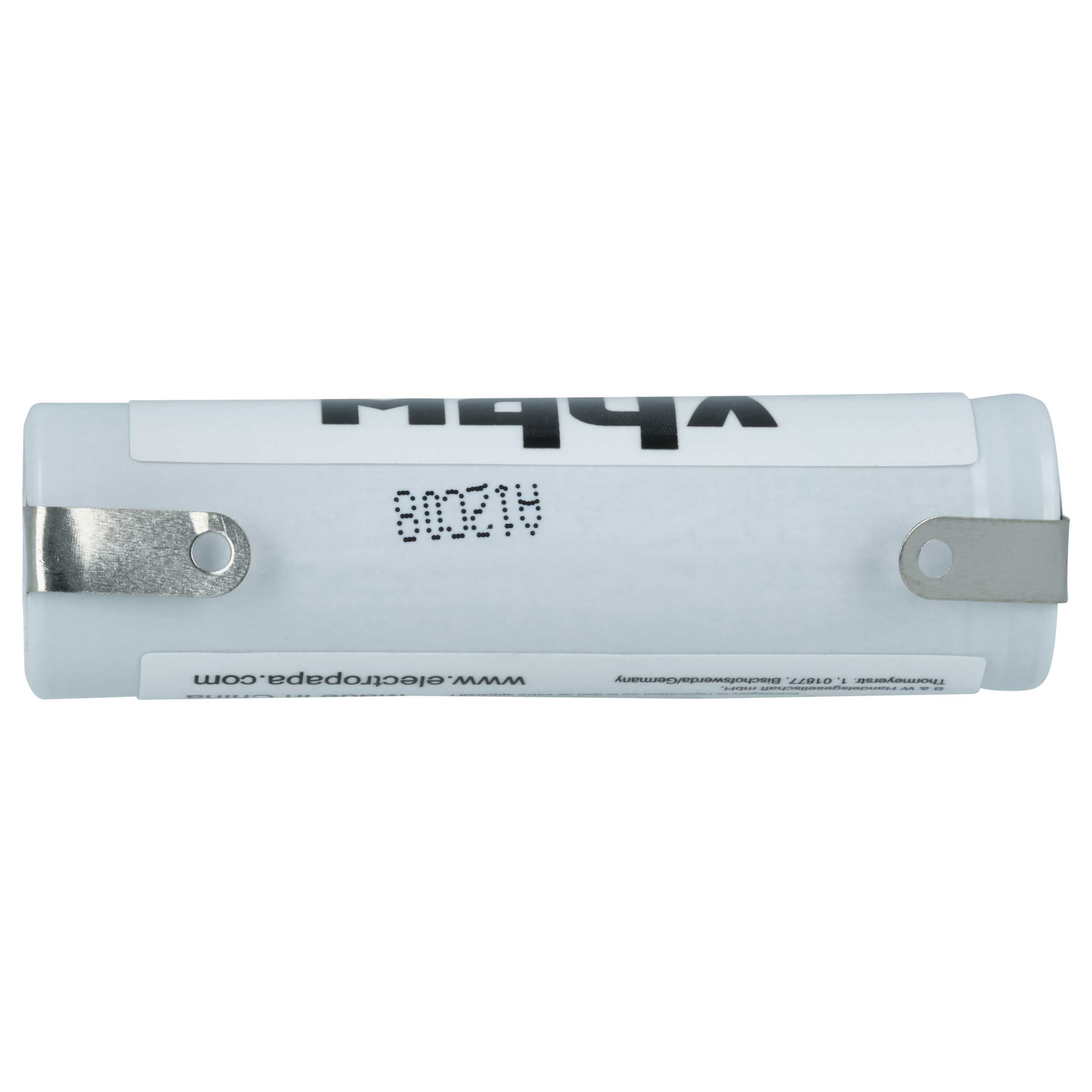 Eine weiße Batterie mit Metallkontakten auf weißem Hintergrund. Es hat schwarzen Text und ein Etikett mit einer Website-Adresse.
