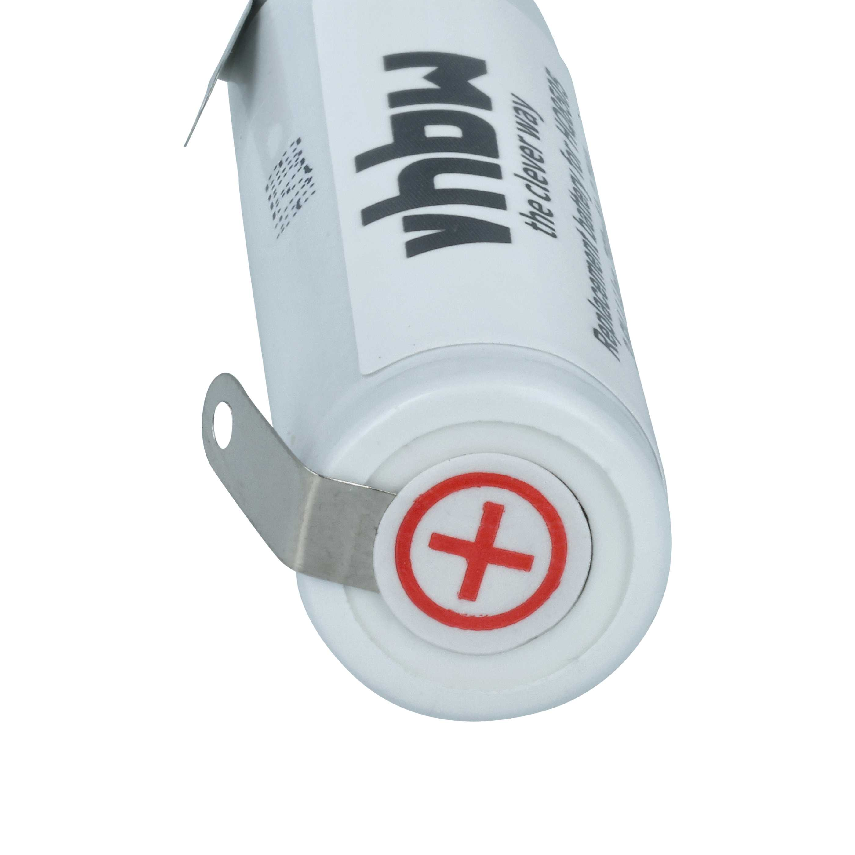 Eine weiße Batterie mit einem roten Pluszeichen oben. Es hat einen Metallstreifen und den Text "yqbw".