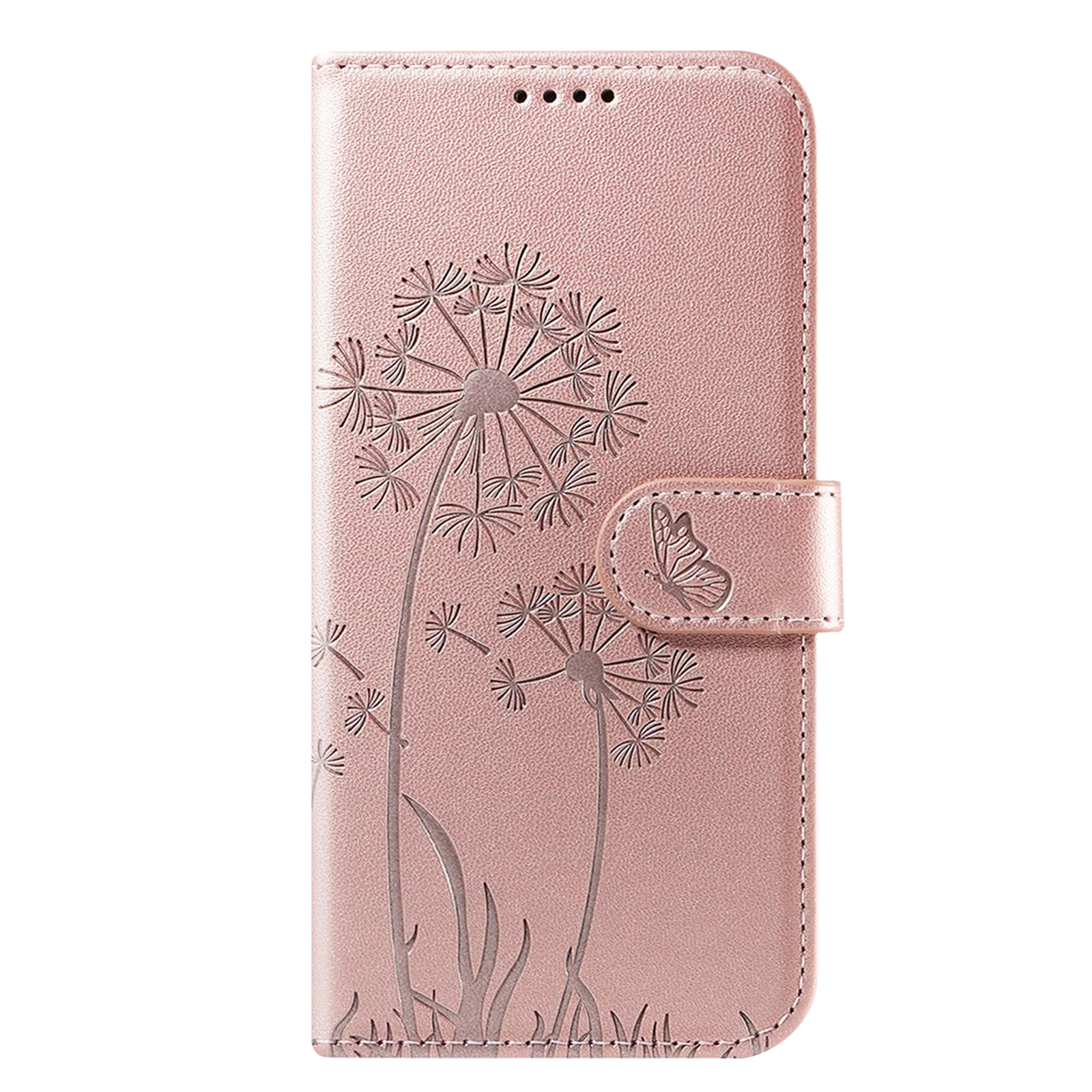 Rosa Handyhülle mit Pusteblumen-Design und Schmetterlingsverschluss. Die Hülle ist geschlossen und hat eine strukturierte Oberfläche.