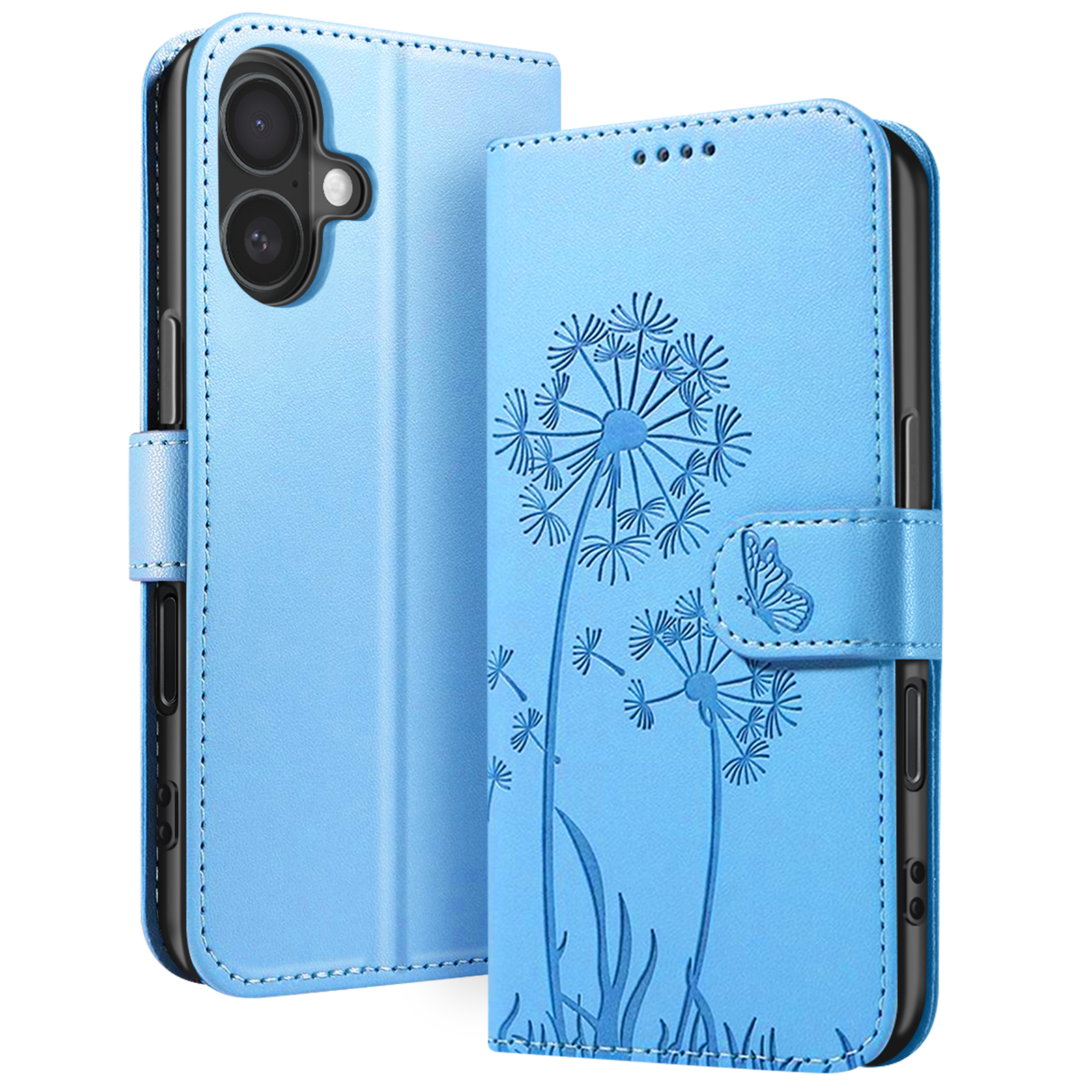 Custodia blu per telefono con design a soffione. Chiusura magnetica, fori per fotocamera e dettaglio farfalla.