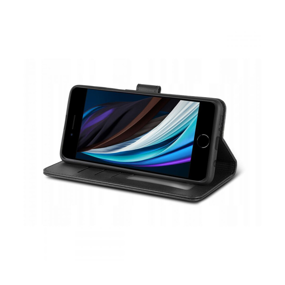 Ein schwarzes Smartphone in einer offenen schwarzen Lederhülle. Der Bildschirm zeigt ein farbenfrohes abstraktes Design. Der Hintergrund ist weiß.