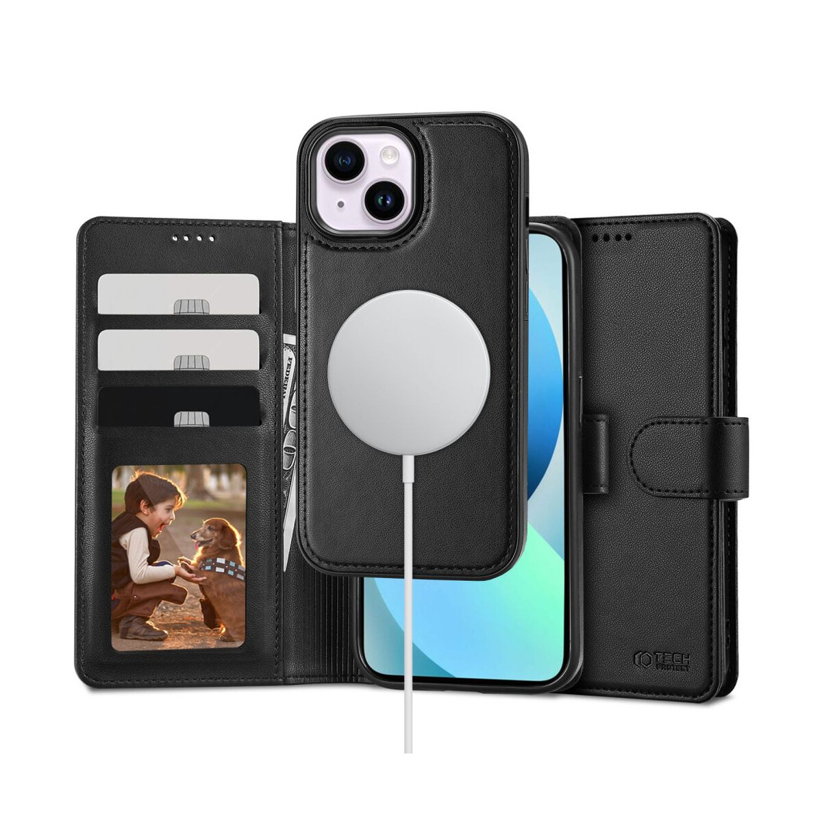 Schwarze iPhone-Hülle mit Geldbörse. Ein Foto von einem Jungen und einem Hund. Ein weißes Ladegerät ist mit dem Telefon verbunden. Brieftasche hat Kartenfächer.