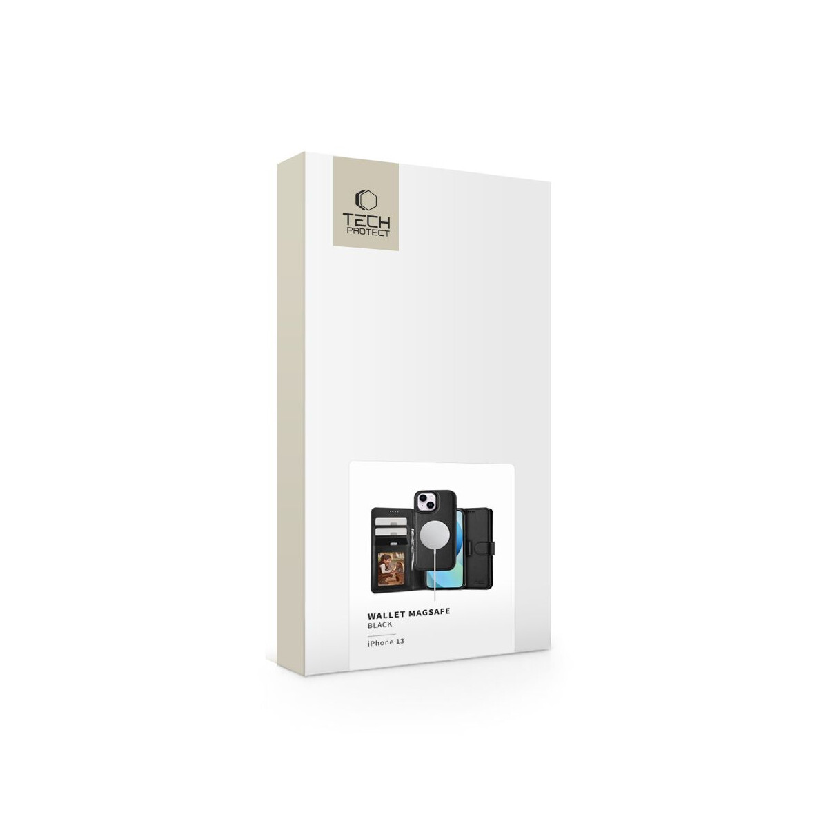 Eine weiße TECH PROTECT-Box mit einem Bild einer schwarzen Wallet MagSafe für iPhone 13. Die Box ist leicht angewinkelt.