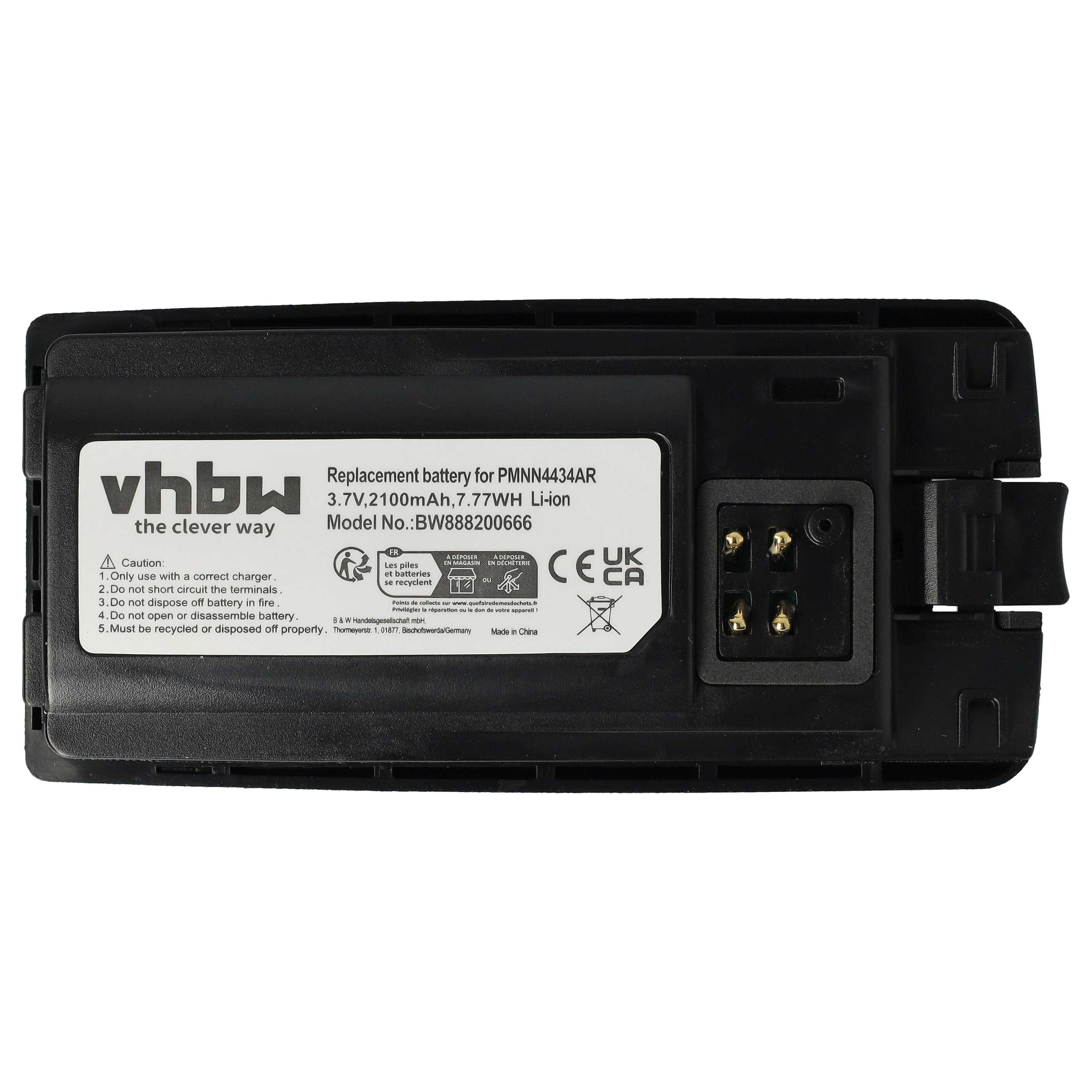 Schwarzer Akku mit weißem Etikett. Text: Ersatzbatterie, 3,7 V, 2100 mAh. Warnsymbole und Text sind sichtbar.