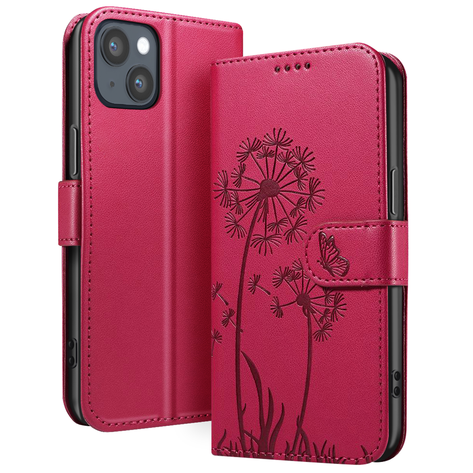 Una custodia rossa per telefono è aperta, mostrando un telefono. Ha un design a dente di leone e una farfalla sulla chiusura.