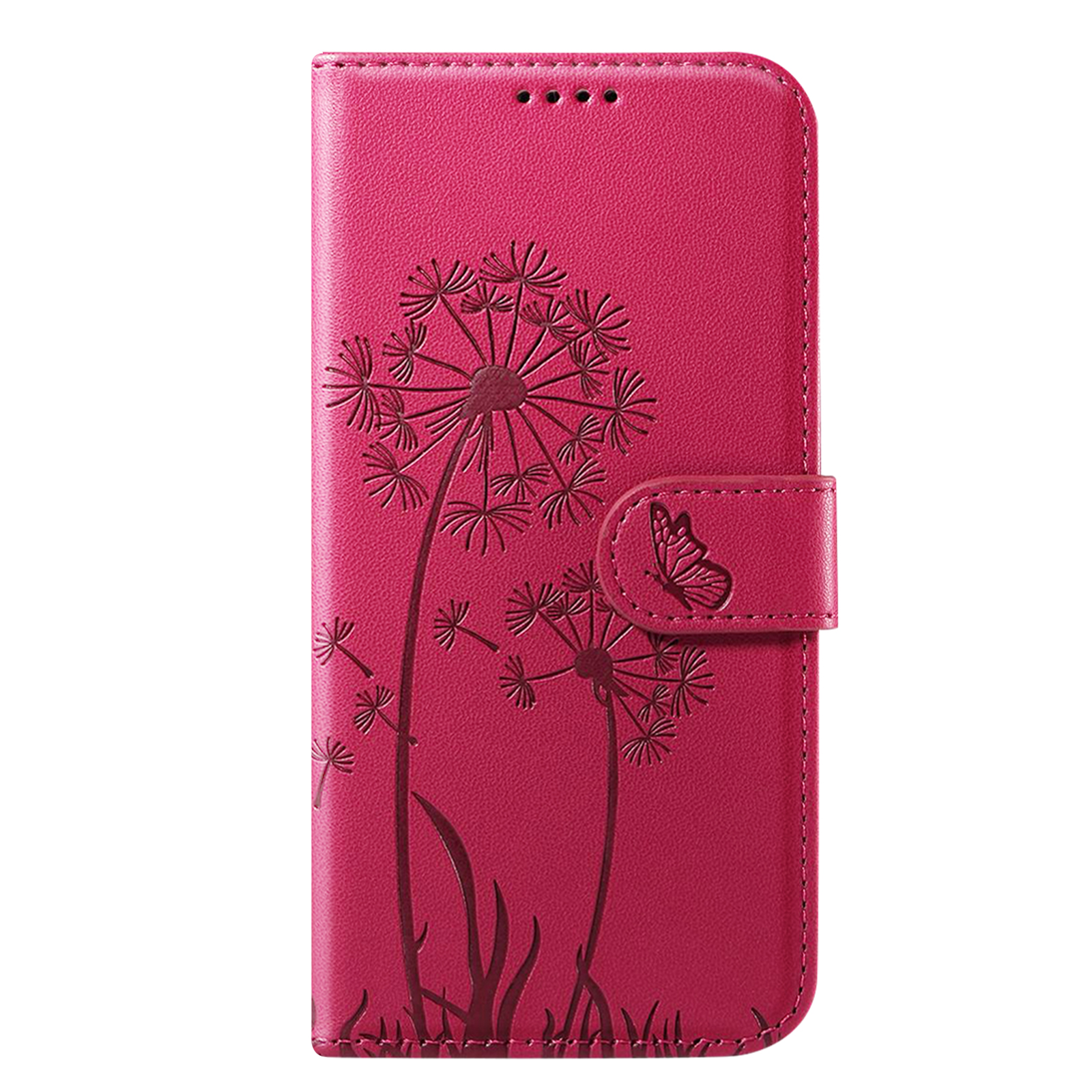 Una custodia per telefono magenta con disegni di dente di leone e farfalle. La custodia è chiusa con un fermaglio magnetico.