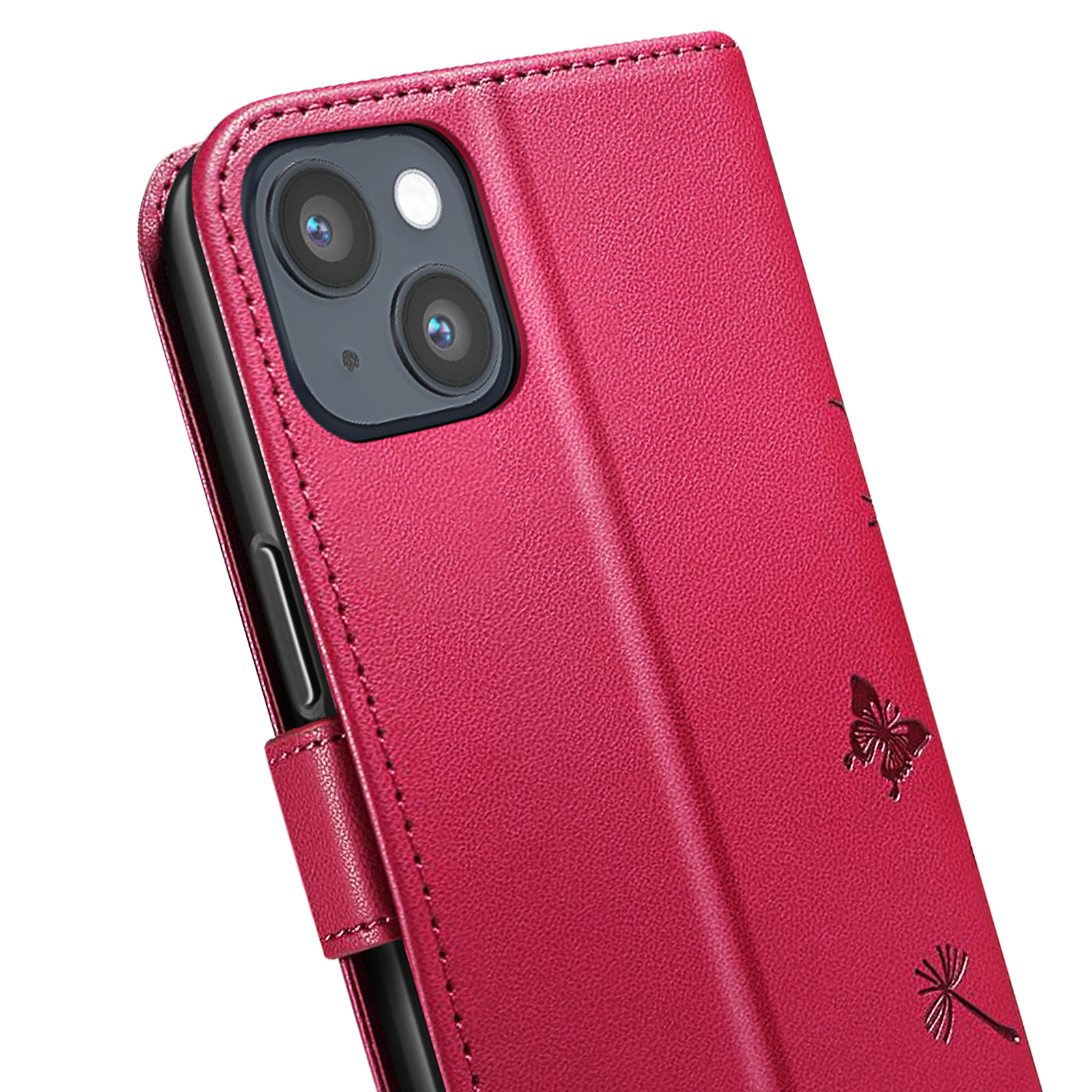 Primo piano di una custodia rossa per telefono con un design a farfalla e fiore, che mostra le lenti della fotocamera del telefono.