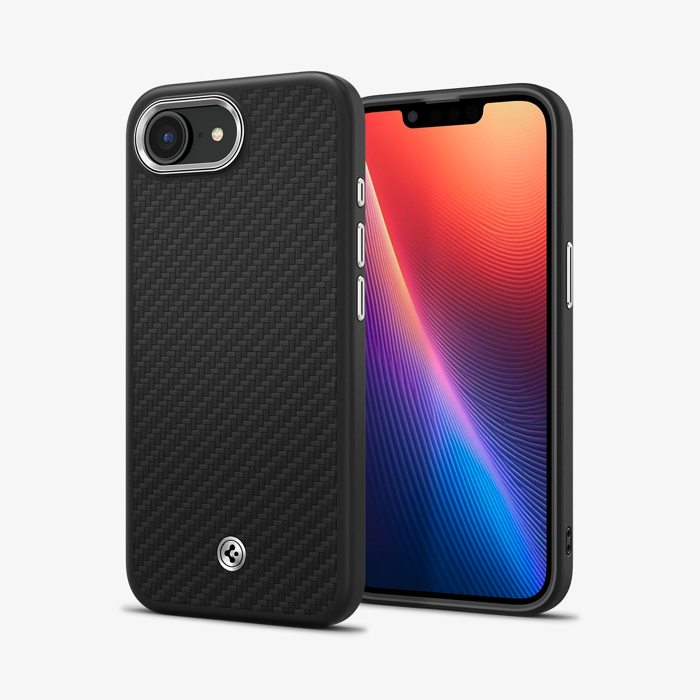 Zwei schwarze Telefone mit Carbonfasergehäusen. Eines steht aufrecht, das andere ist angewinkelt. Die Bildschirme zeigen bunte abstrakte Bilder.