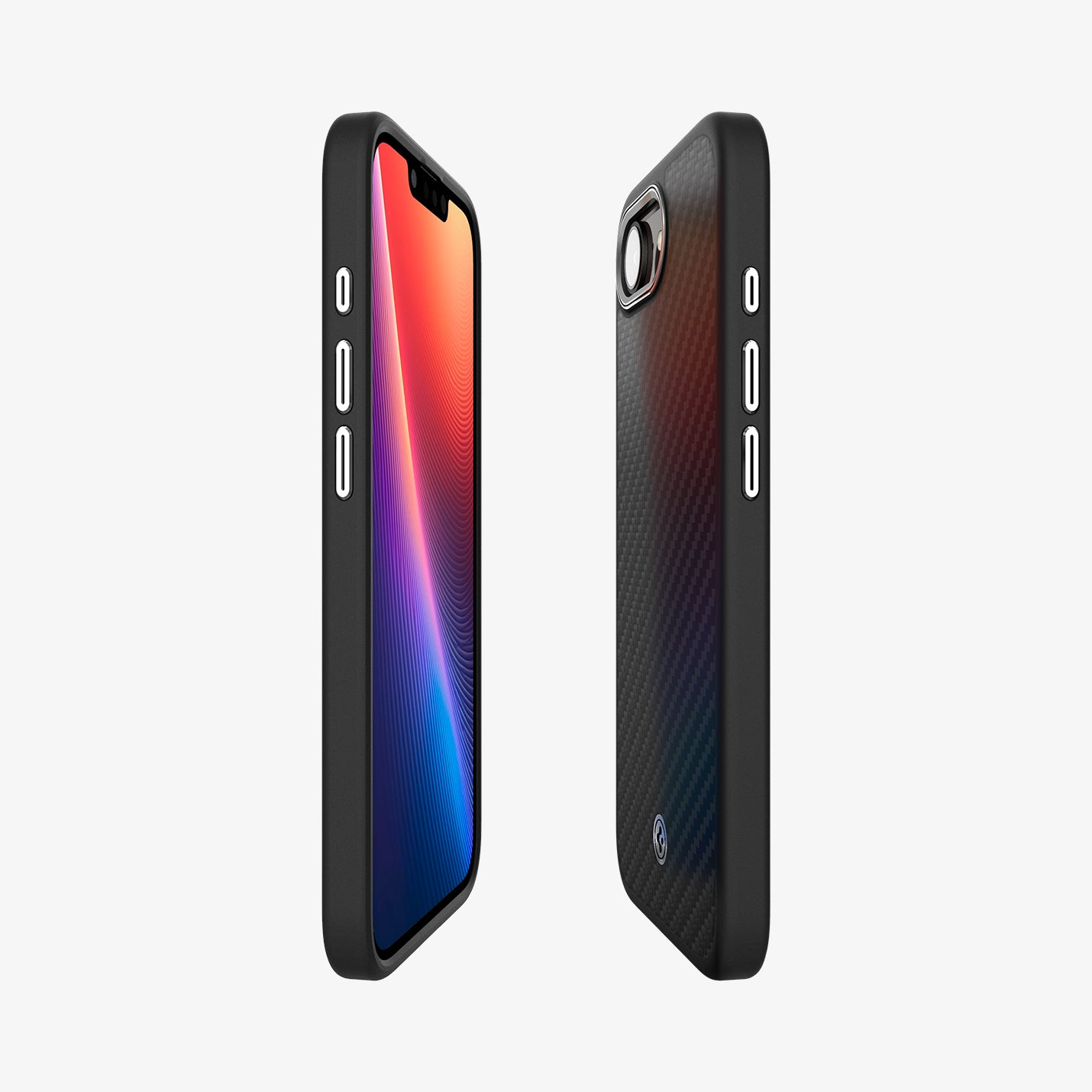 Zwei schwarze Smartphones in Hüllen, eines mit farbenfrohem Bildschirm. Beide Telefone sind auf weißem Hintergrund. Hüllen haben Tasten.