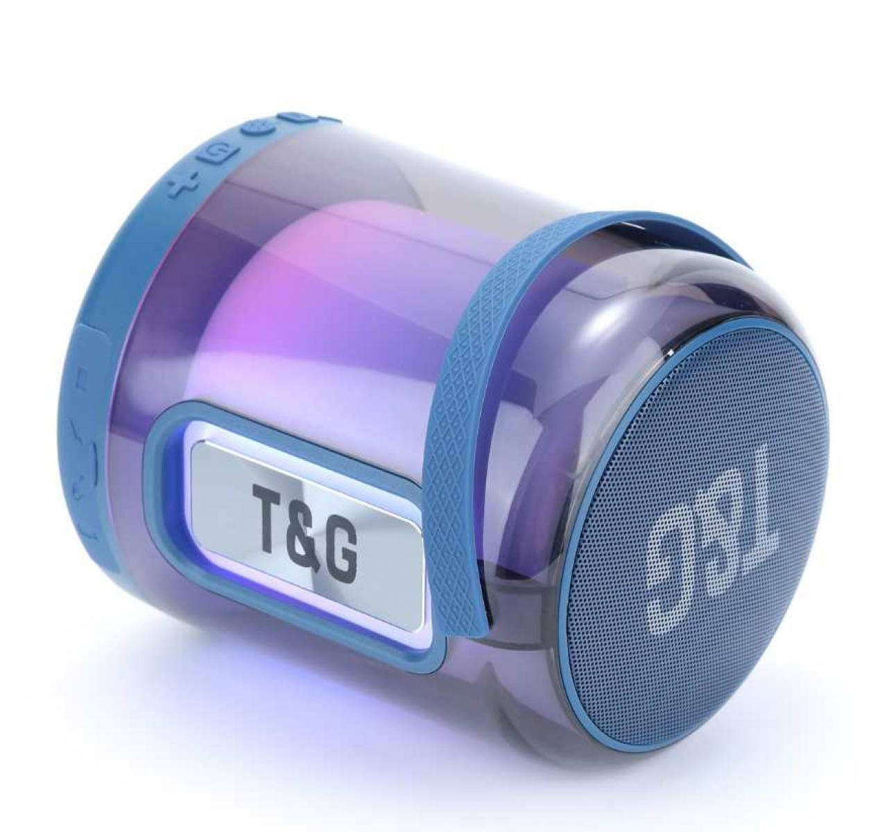 Ein blau-transparenter T&G-Lautsprecher. Er hat einen blauen Griff und einen Grill. Der Lautsprecher ist zylindrisch.