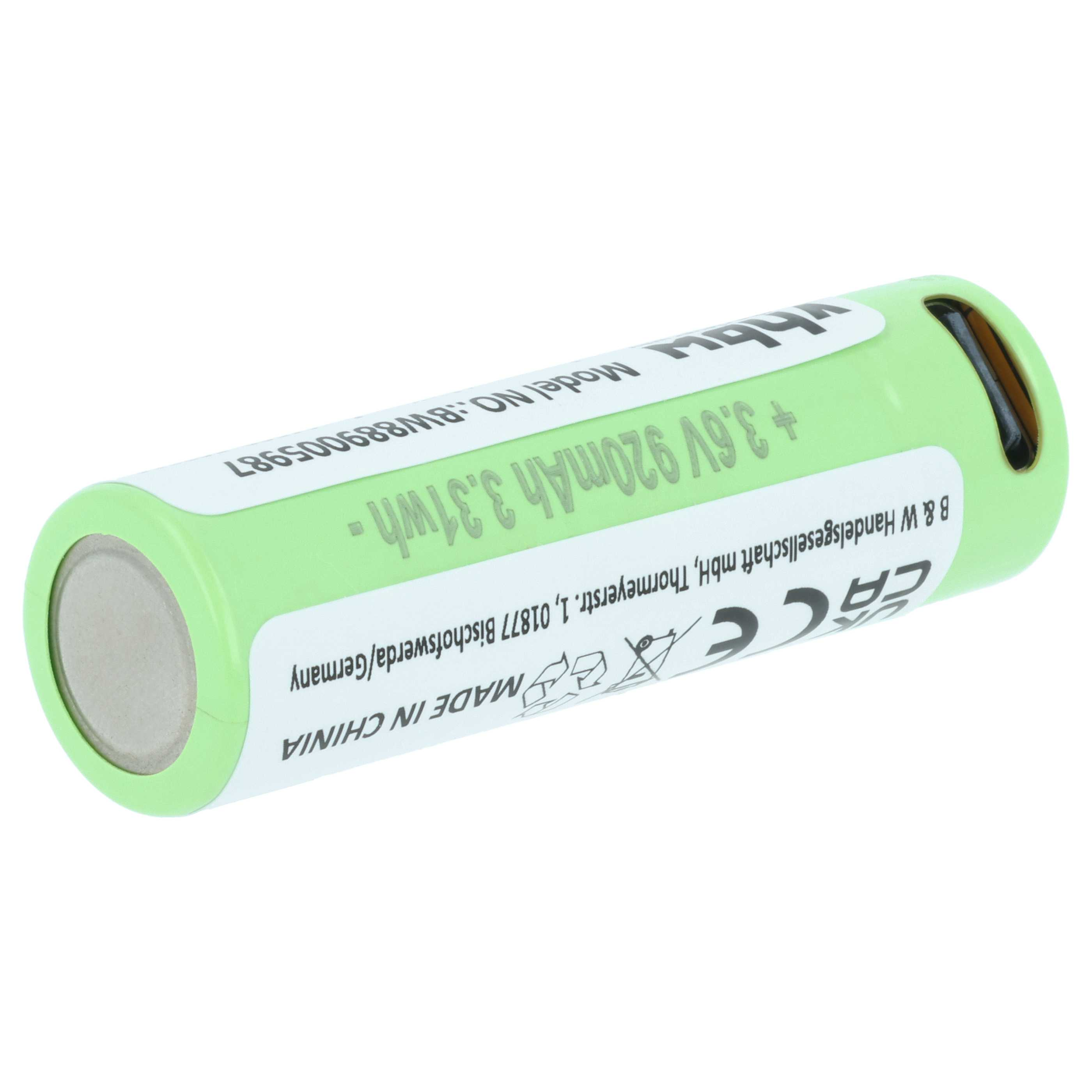 Eine grüne Batterie mit Textaufklebern. Sie lautet 3,6 V 920 mAh 3,31 Wh. Hergestellt in China. Der Hintergrund ist weiß.