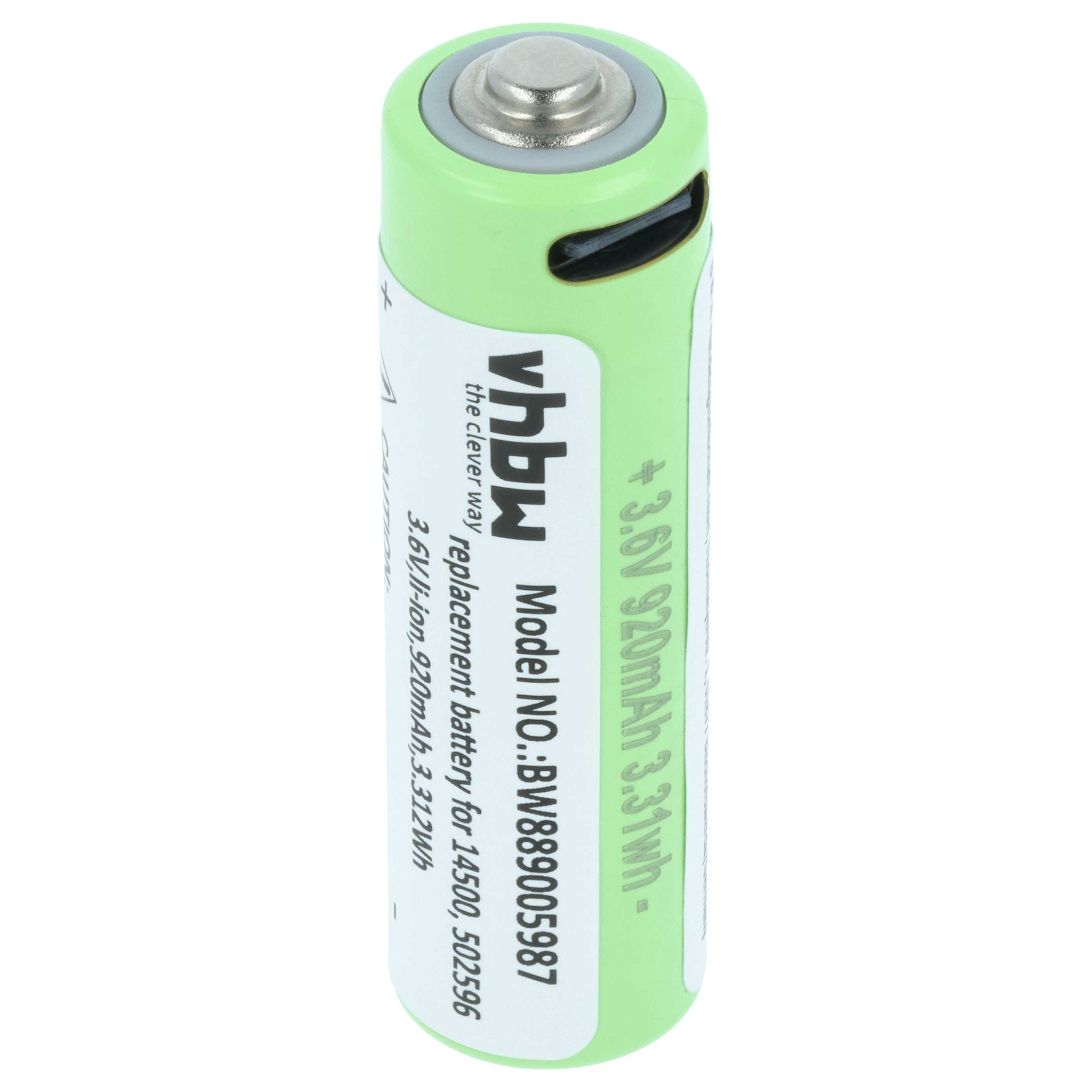 Eine grüne Batterie mit weißem Etikett. Text auf dem Etikett: vhbw, Modell-Nr.:BW889005987 und +3,6 V 920 mAh.