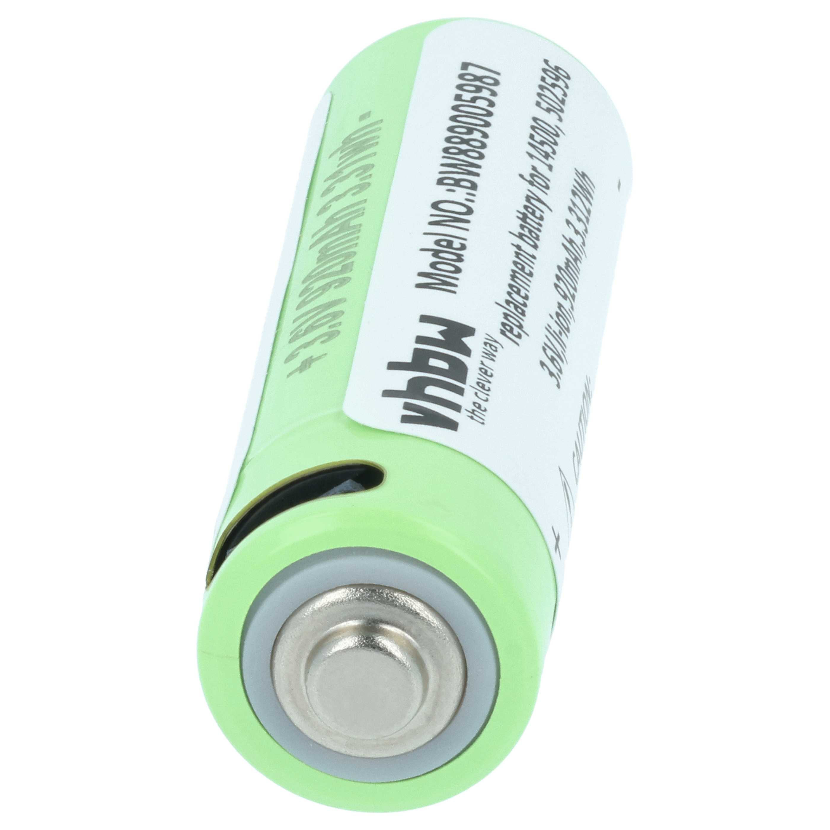 Eine grüne und silberne Batterie mit weißem Etikett, abgewinkelt auf weißem Hintergrund. Text enthält Marke und Modellnummer.