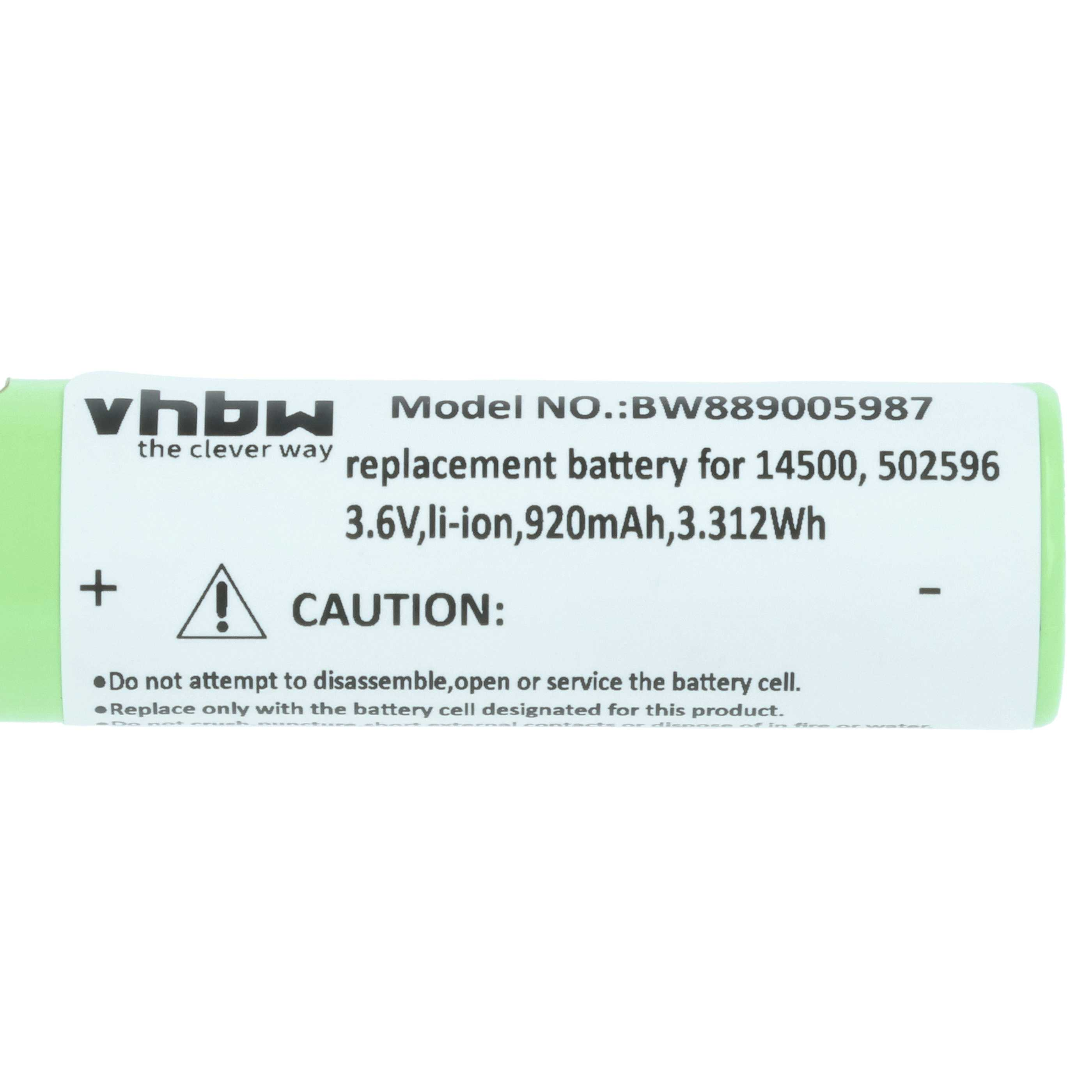 Eine grüne Batterie mit weißem Text. Sie enthält vhbw, Modellnummer, 3,6 V, Li-Ion, 920 mAh und ein Warnzeichen.