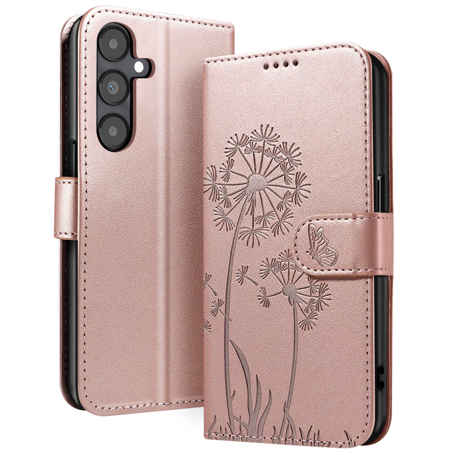 Custodia rosa per telefono con design di dente di leone, farfalla e fotocamere. Con chiusura magnetica.