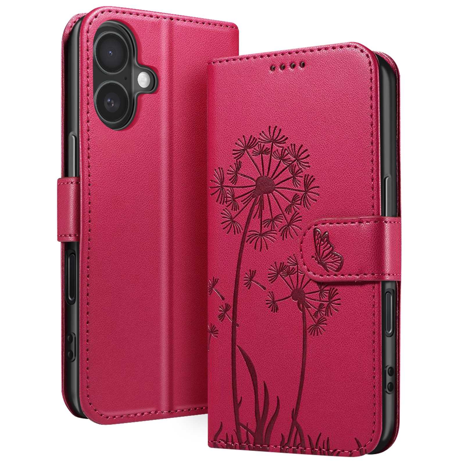 Custodia per telefono rossa con design a dente di leone. Presenta una farfalla e dettagli di cucitura. Include due custodie.