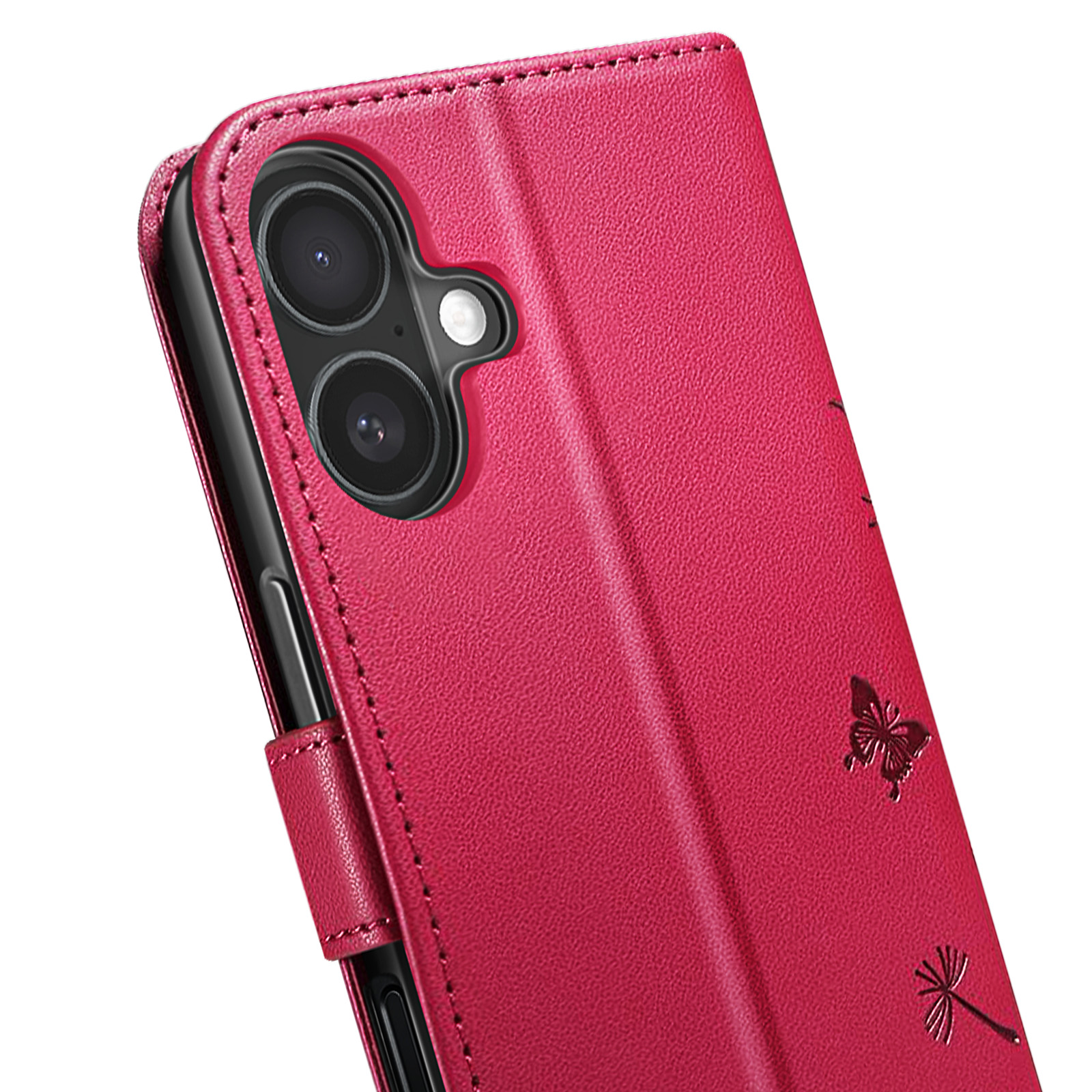 Primo piano di una custodia rossa per telefono con fotocamera e design a farfalla.