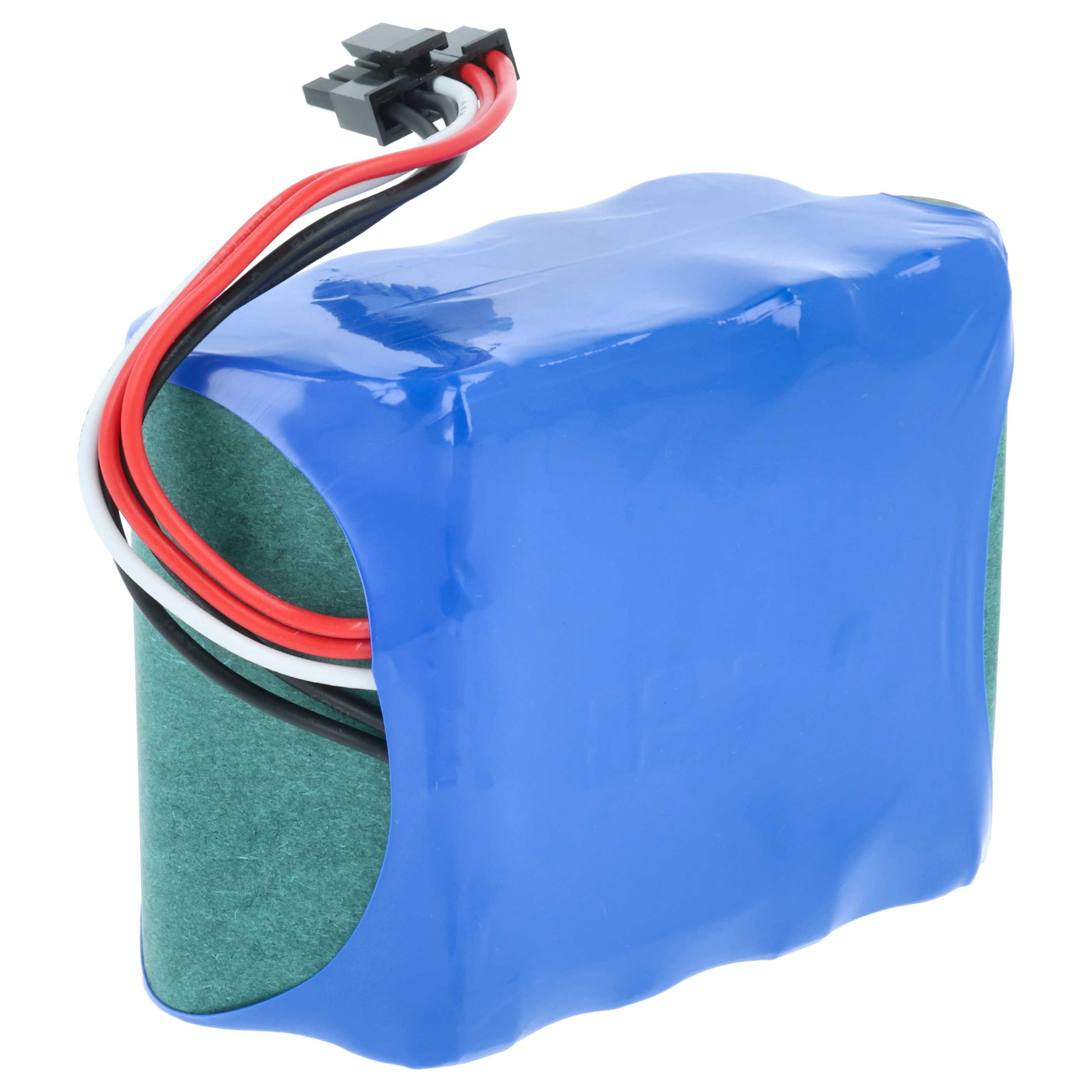 Ein blaues Batteriepack mit roten, weißen und schwarzen Drähten, die an einem schwarzen Stecker befestigt sind. Eine grüne Basis ist sichtbar.