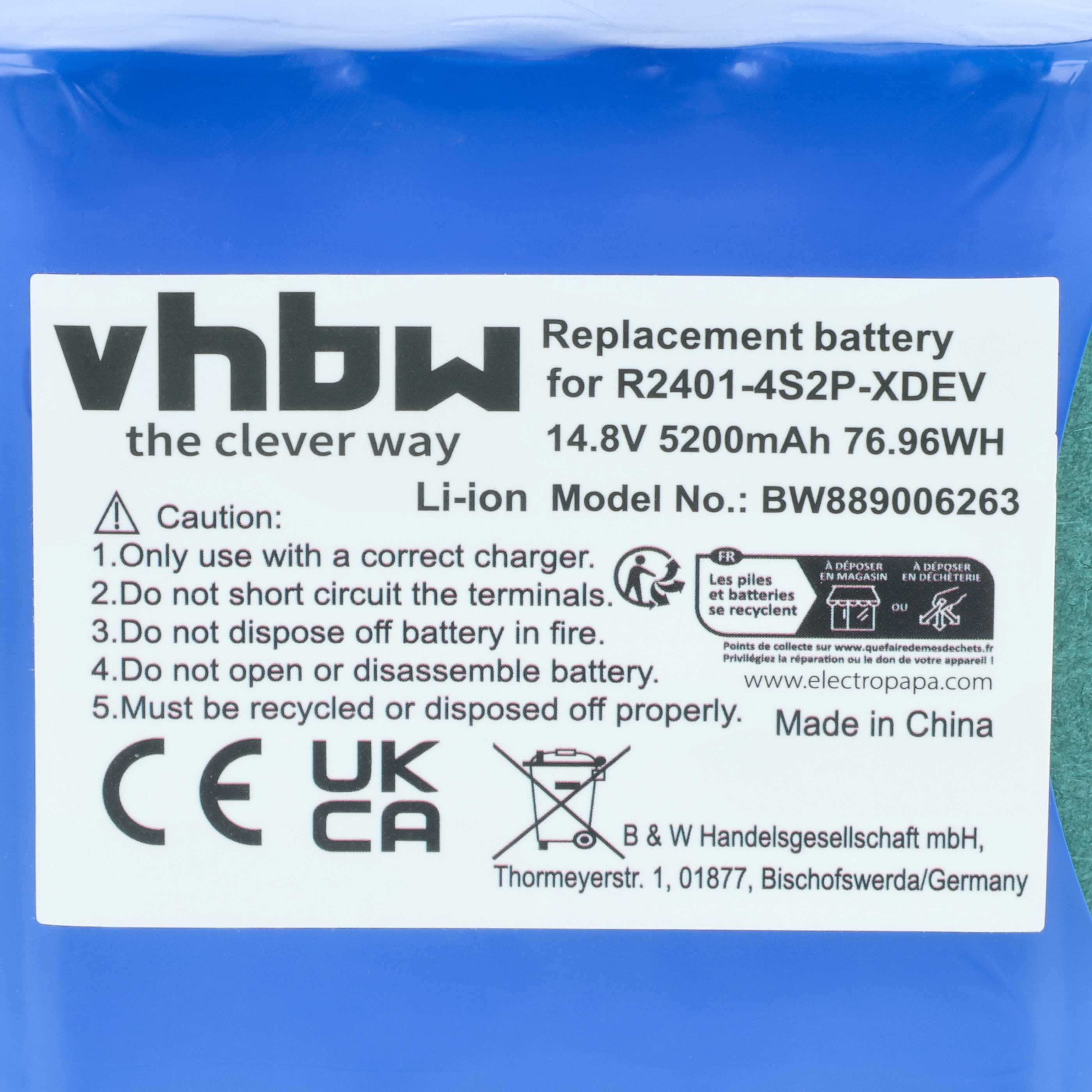 Ein weißes Etikett auf blauem Grund. Text umfasst: Ersatzbatterie, Modellnummer, Vorsichtshinweise und Recycling-Symbole.
