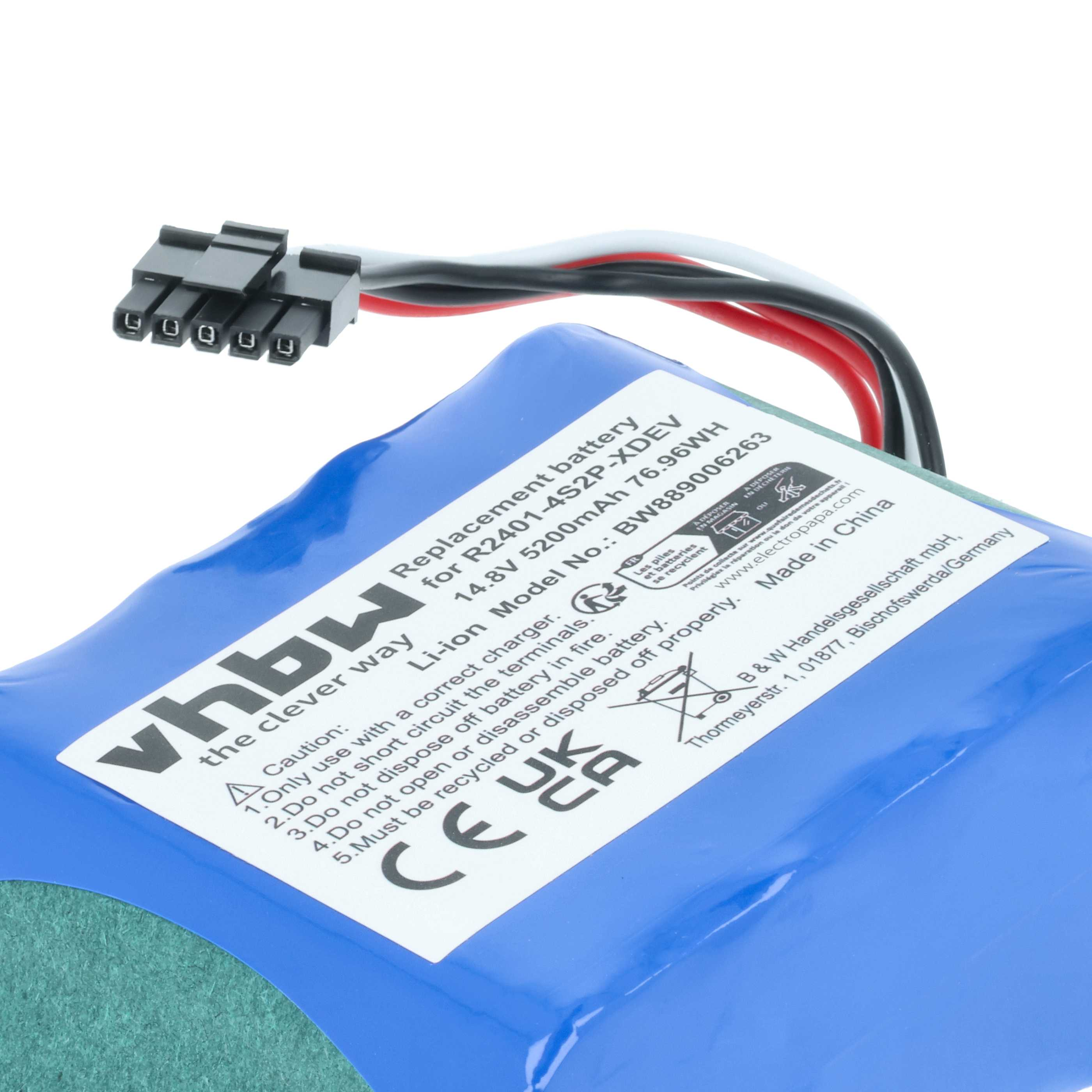 Blauer Akku mit schwarzem Stecker, weißem Etikett mit Text und roten, schwarzen und weißen Drähten.