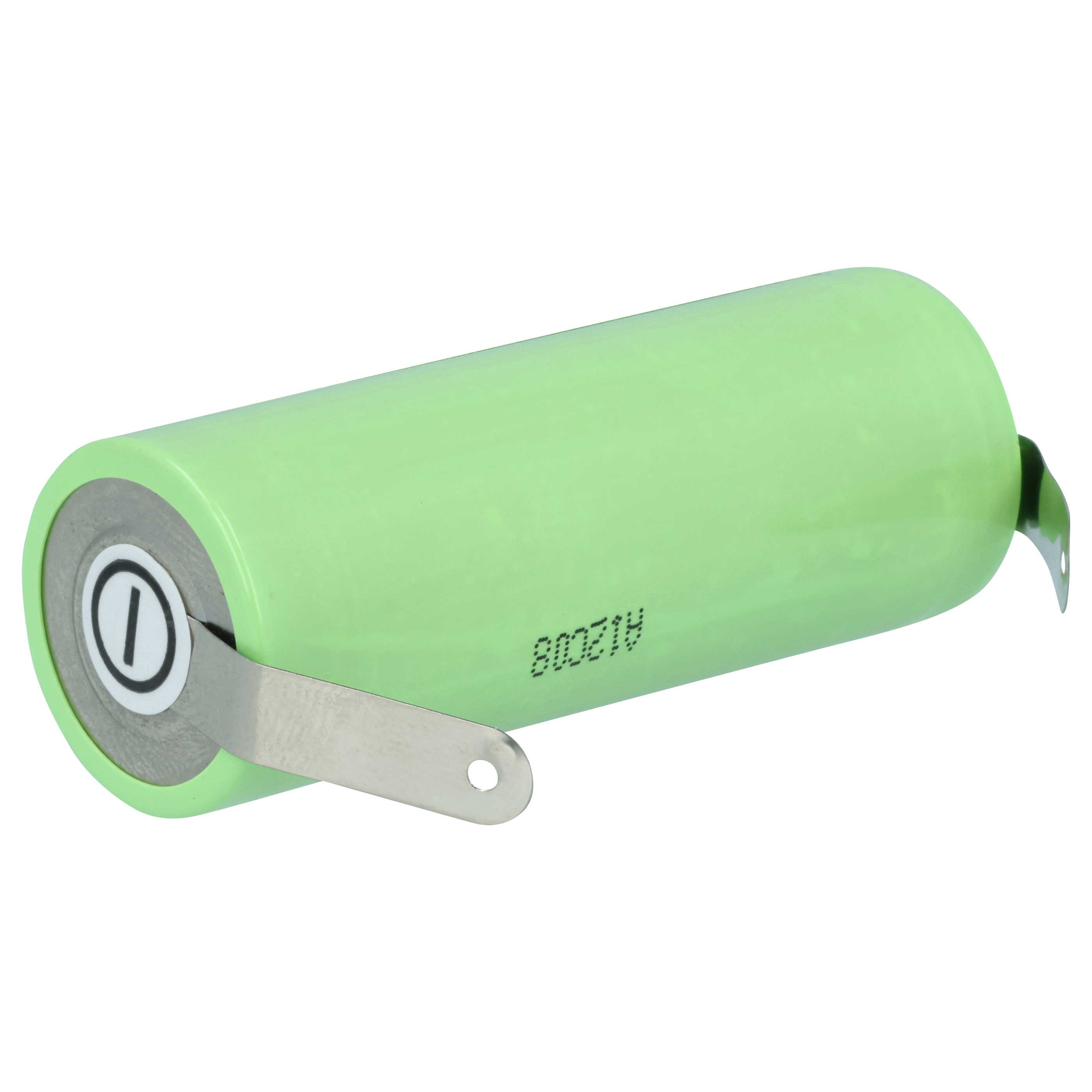 Eine grüne zylindrische Batterie mit einem silbernen Metallstreifen und weißem Hintergrund.