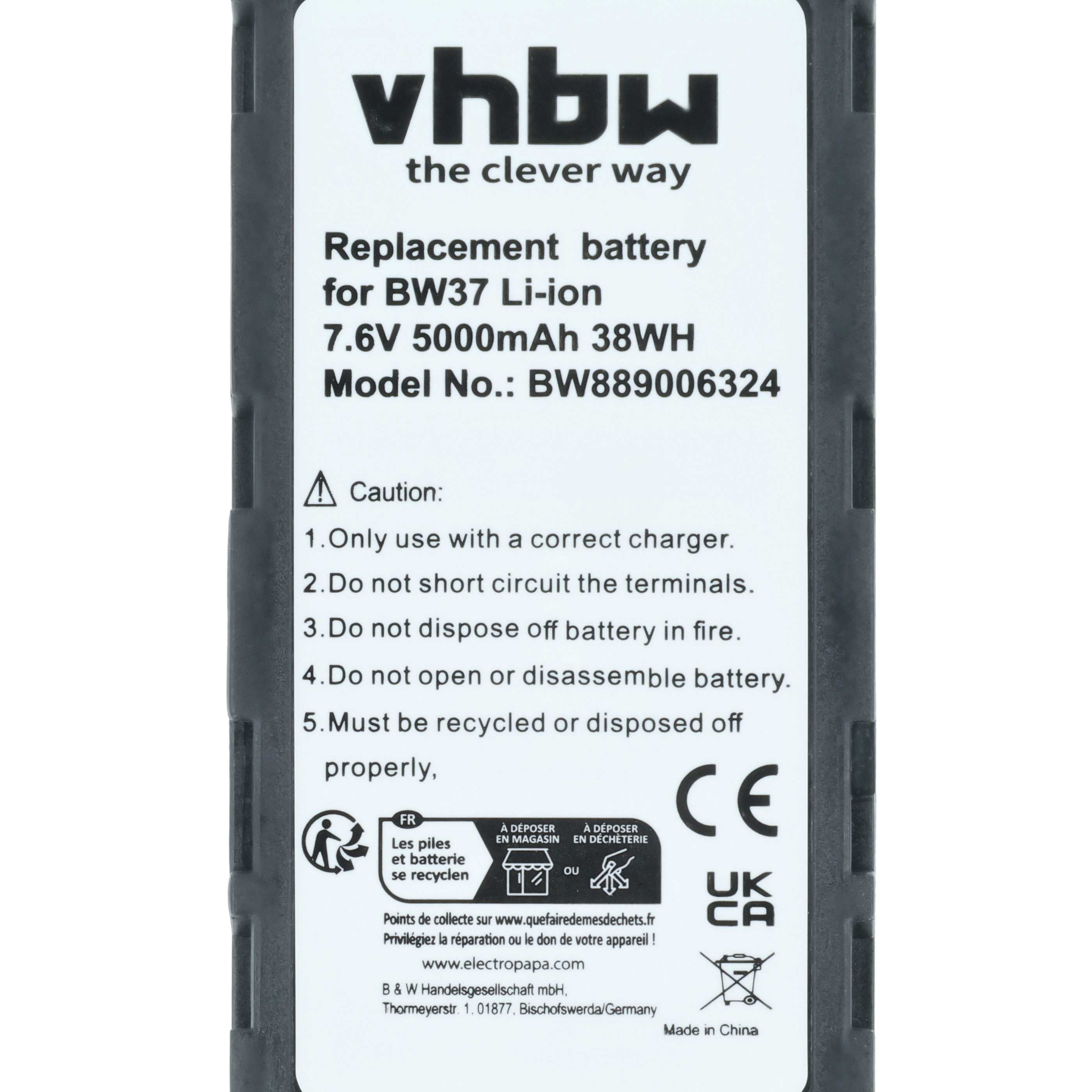 Ein Batterieetikett mit schwarzem Text auf Weiß. Es steht vhbw, Ersatzbatterie, 7,6V 5000mAh und Recycling-Symbole.