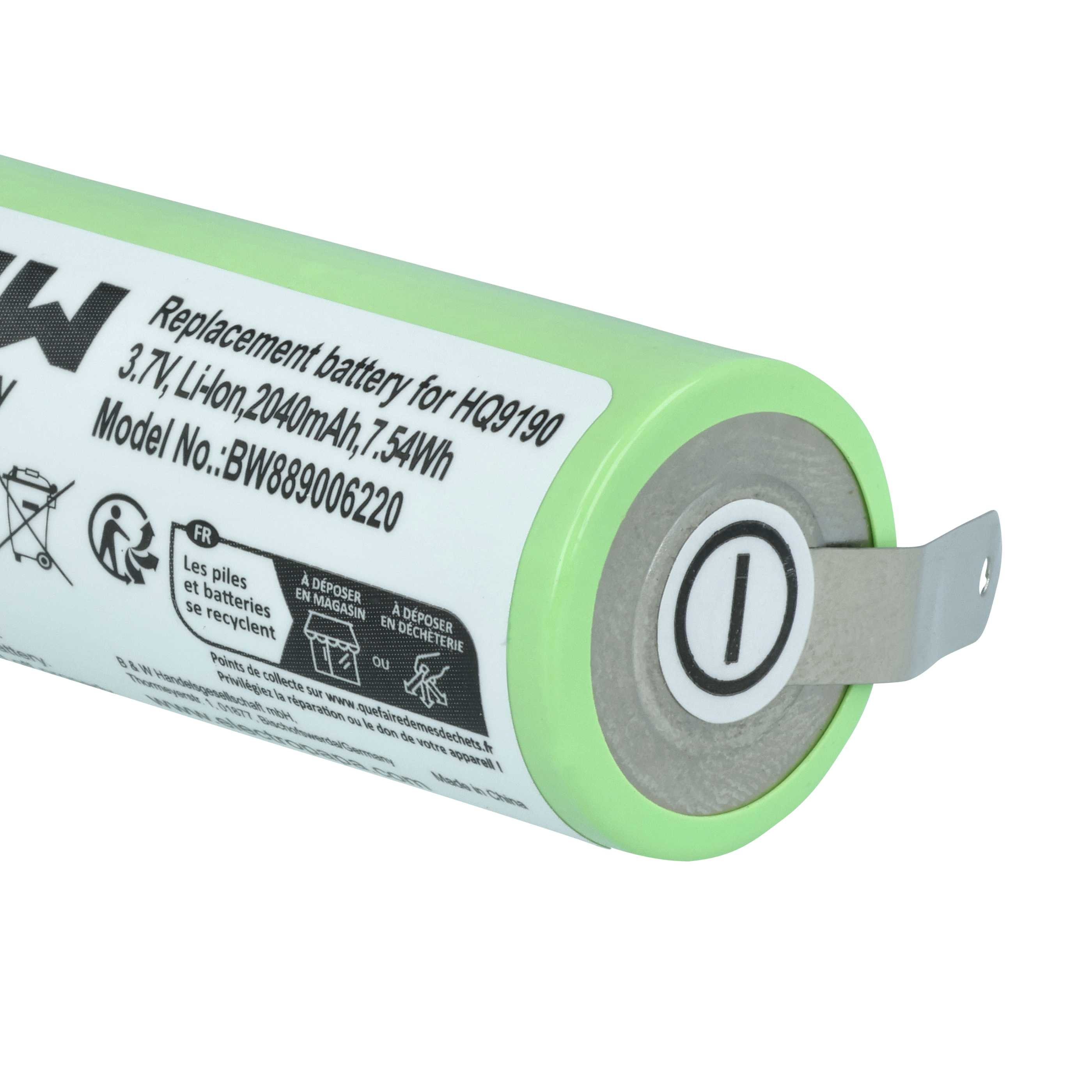 Grüne Batterie mit weißem Etikett. Text: Ersatzbatterie, 3,7V Li-Ion, 2040mAh. Recyclingsymbole sichtbar.